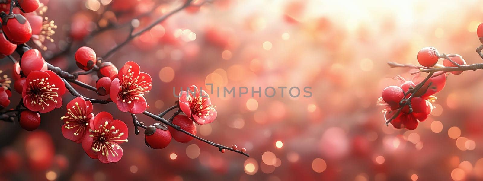 Close-up view of vibrant red cherry blossoms on delicate branches, set against a softly glowing bokeh background, symbolizing spring and renewal in a festive ambiance.