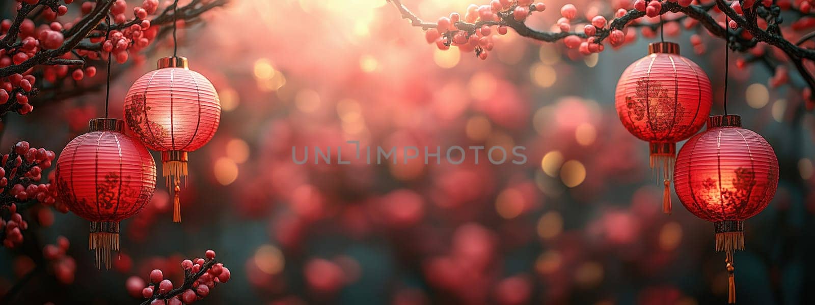 Traditional red lanterns suspended from cherry blossom branches, glowing softly amidst a festive background, symbolizing joy and cultural celebrations like Lunar New Year.