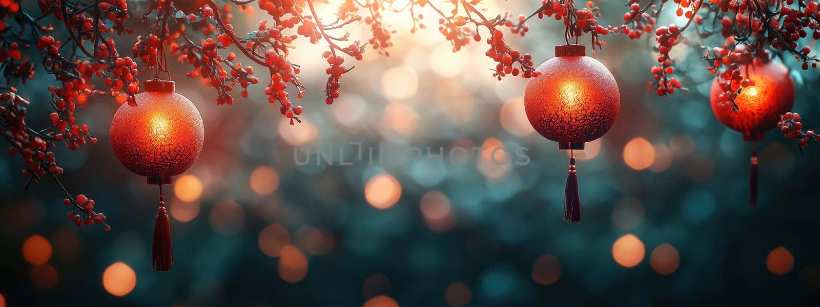Beautiful red lanterns hanging on branches adorned with red berries, illuminated by a glowing soft background, symbolizing traditional cultural celebrations and festive joy.