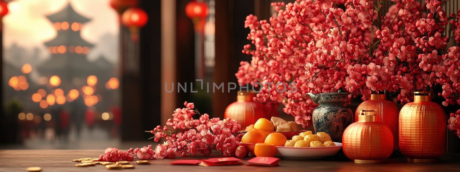 Festive Chinese New Year table setup with cherry blossoms, red lanterns, fresh oranges, dumplings, and golden decorations. Celebration of prosperity and harmony.