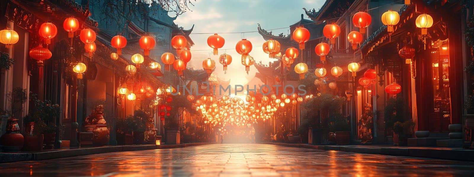 Atmospheric view of a traditional Chinese street adorned with red lanterns during dusk, creating a magical festive ambiance. Traditional beauty of Chinese streets during lantern festivals.