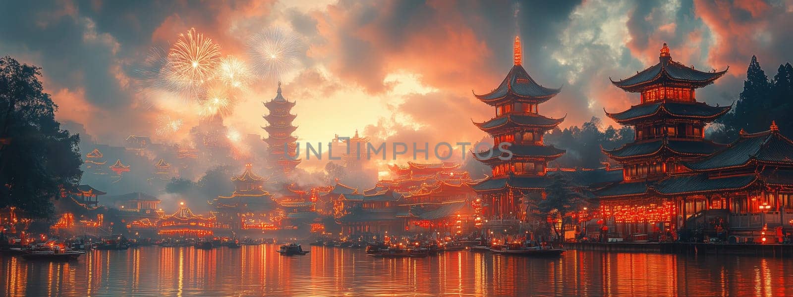 Grand Chinese pagoda illuminated by lanterns and fireworks, reflected on the river during a cultural festival. Celebration of Chinese heritage and traditions with scenic riverside beauty.