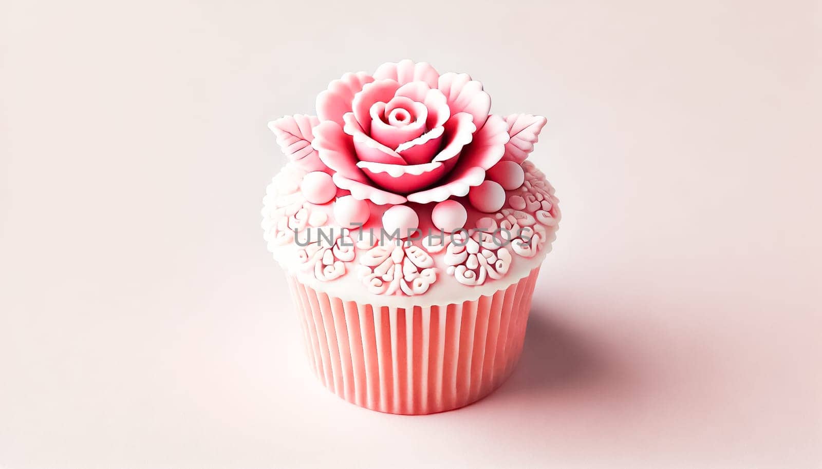 A single cupcake with pink fondant decorations on a white plain background. It is topped with a beautifully crafted pink fondant rose surrounded by intricate patterns and small edible pearls in varying shades of pink, giving it an elegant and sophisticated appearance.