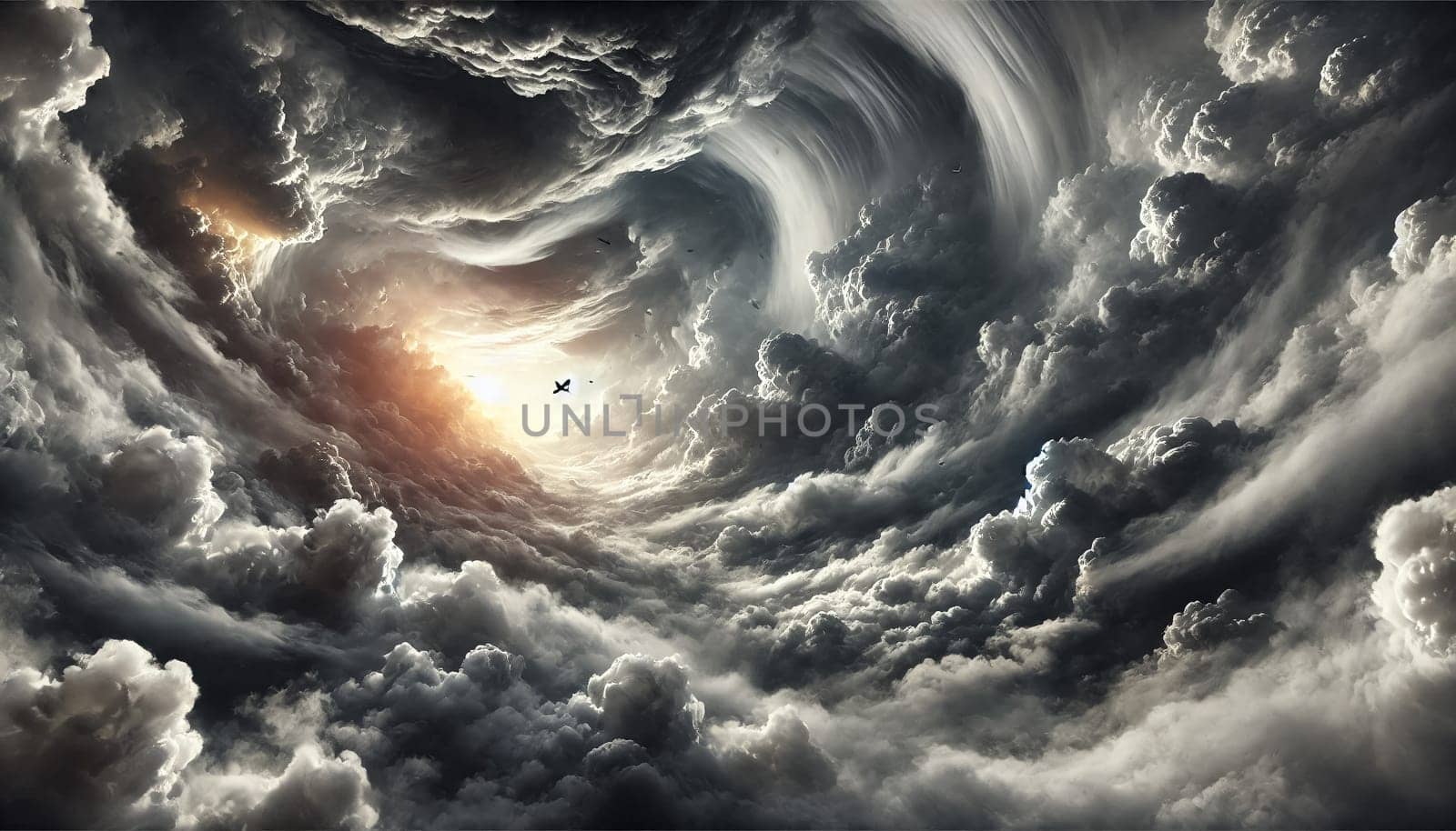 A close-up view of enormous, dramatic cloud formations with varying shades of gray, white, and hints of color. The dense, swirling clouds create an intense, immersive atmosphere with a mix of light and dark areas.