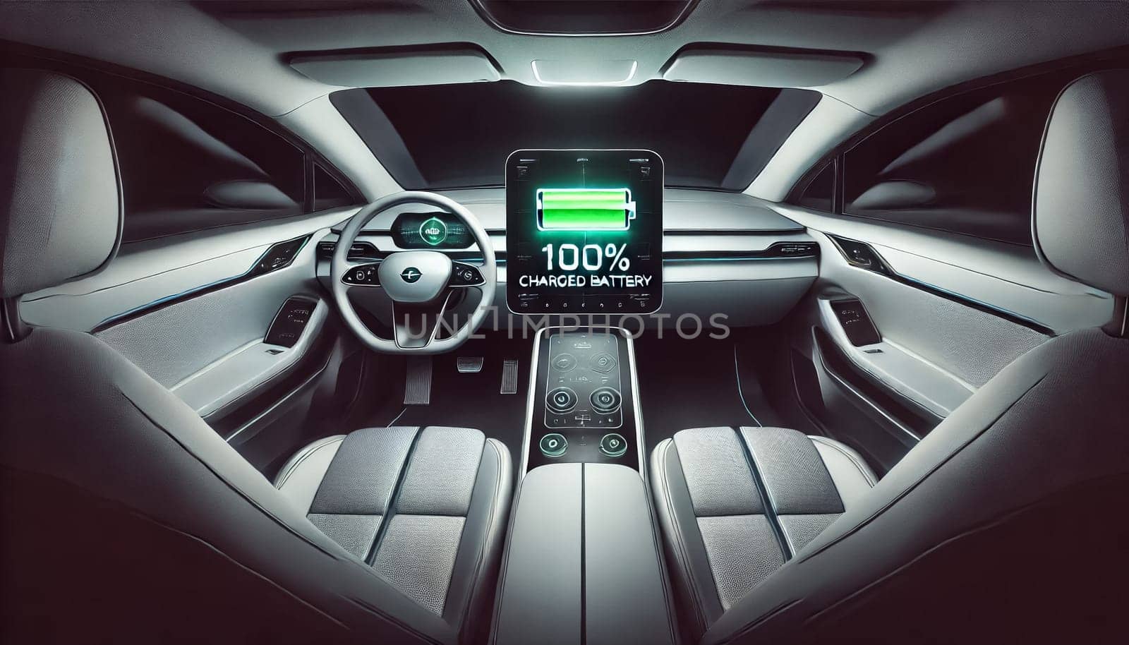 A conceptual image from the driver’s seat of an electric car, showcasing a dashboard with a glowing green 100% charged battery icon. The modern, minimalistic interior is softly illuminated, emphasizing the vehicle’s advanced technology and readiness for a journey.