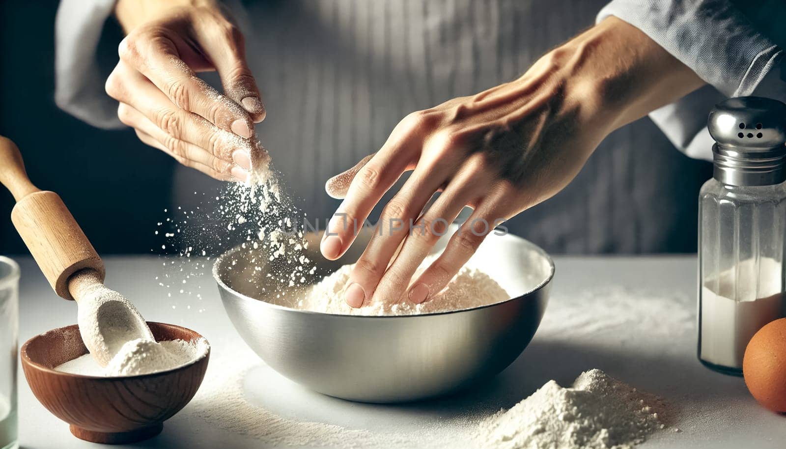 Close-up of a woman's hands mixing flour in a contemporary kitchen, with sleek appliances and countertops in the background. The scene highlights the detailed motion of mixing in a bright, modern setting.