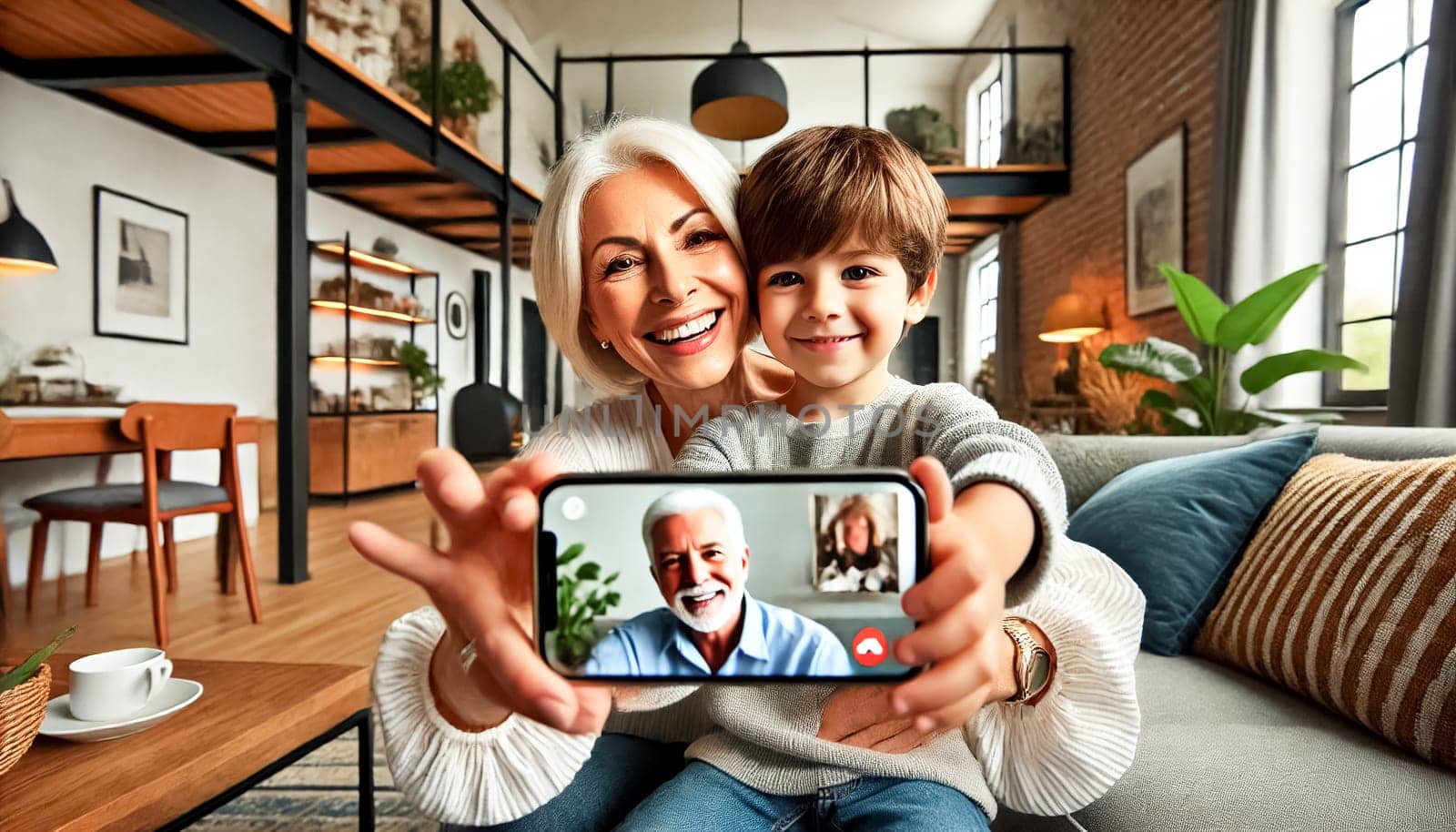 Both images showcase mothers and their three-year-old sons from diverse ethnic backgrounds, seen from behind during a video call with grandparents. The contemporary, stylish living rooms feature modern furniture and decor, enhancing the warmth and joy of their connection.