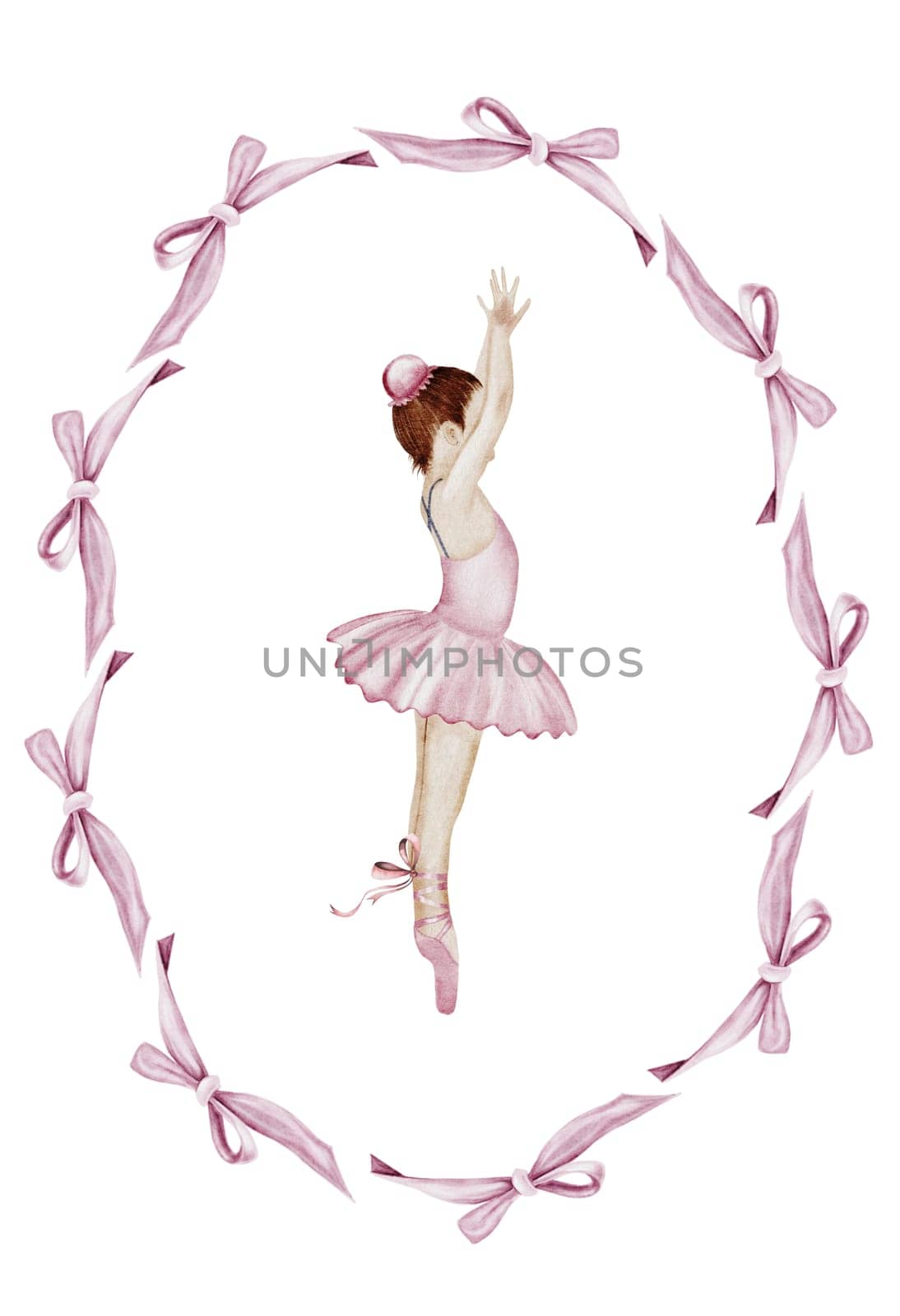 Ballerina watercolor. Hand drawn ballet incredible girl dancer in pink tutu skirt with vintage bows. Clip art on isolated white background of cute ballet beauty. Ideal for postcards and posters