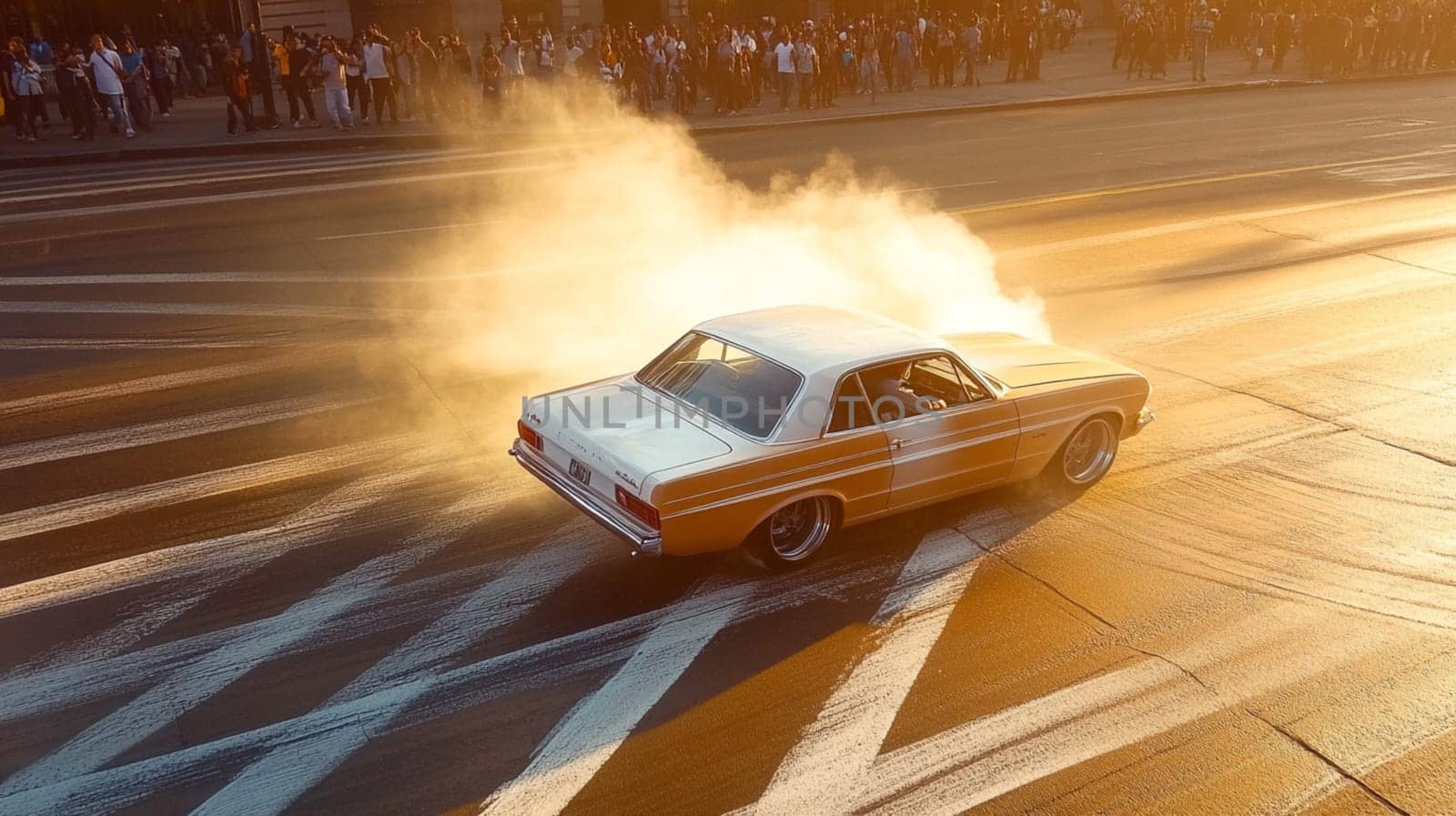Powerful sports cars race through city streets at sunset, leaving a trail of smoke, thrilling spectators with high speed action