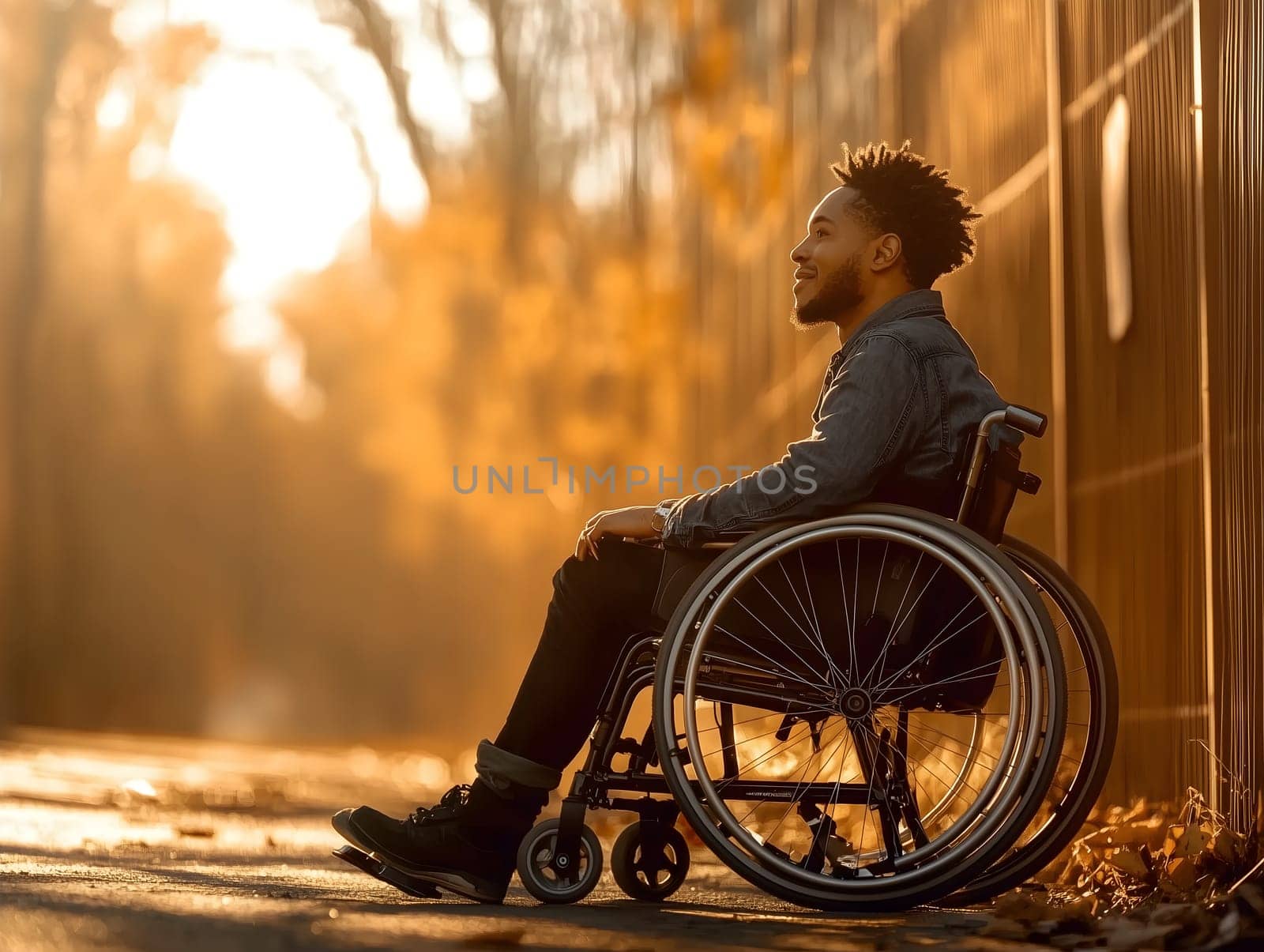A young man sitting in a wheelchair, smiling and enjoying the warm autumn sunlight. The golden leaves and soft light create a peaceful and inspiring atmosphere, symbolizing positivity and freedom.