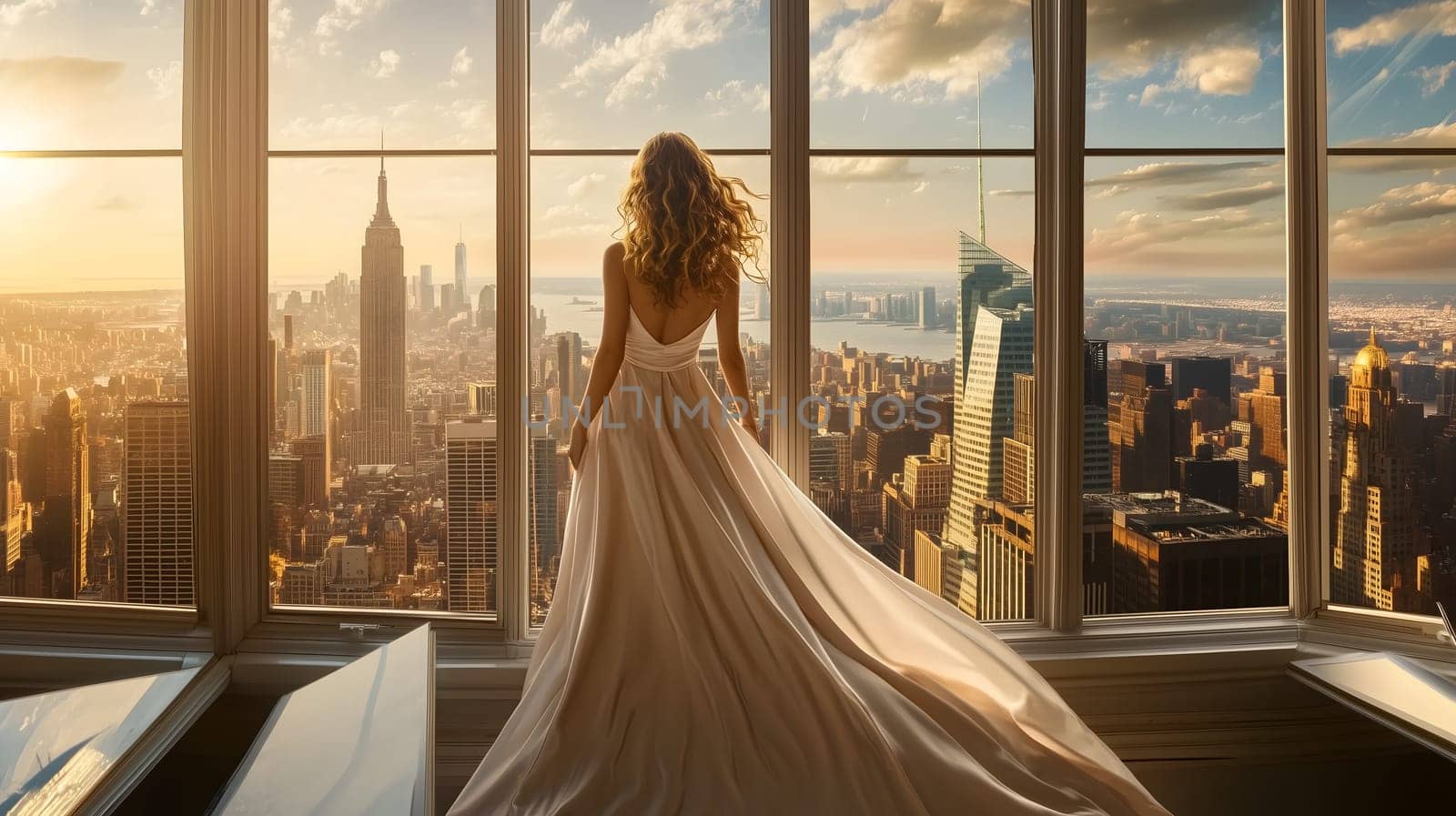 A woman in a flowing white gown stands in front of tall windows, gazing at a stunning city skyline during sunset. The sunlight highlights her silhouette, creating a dreamy and luxurious atmosphere.