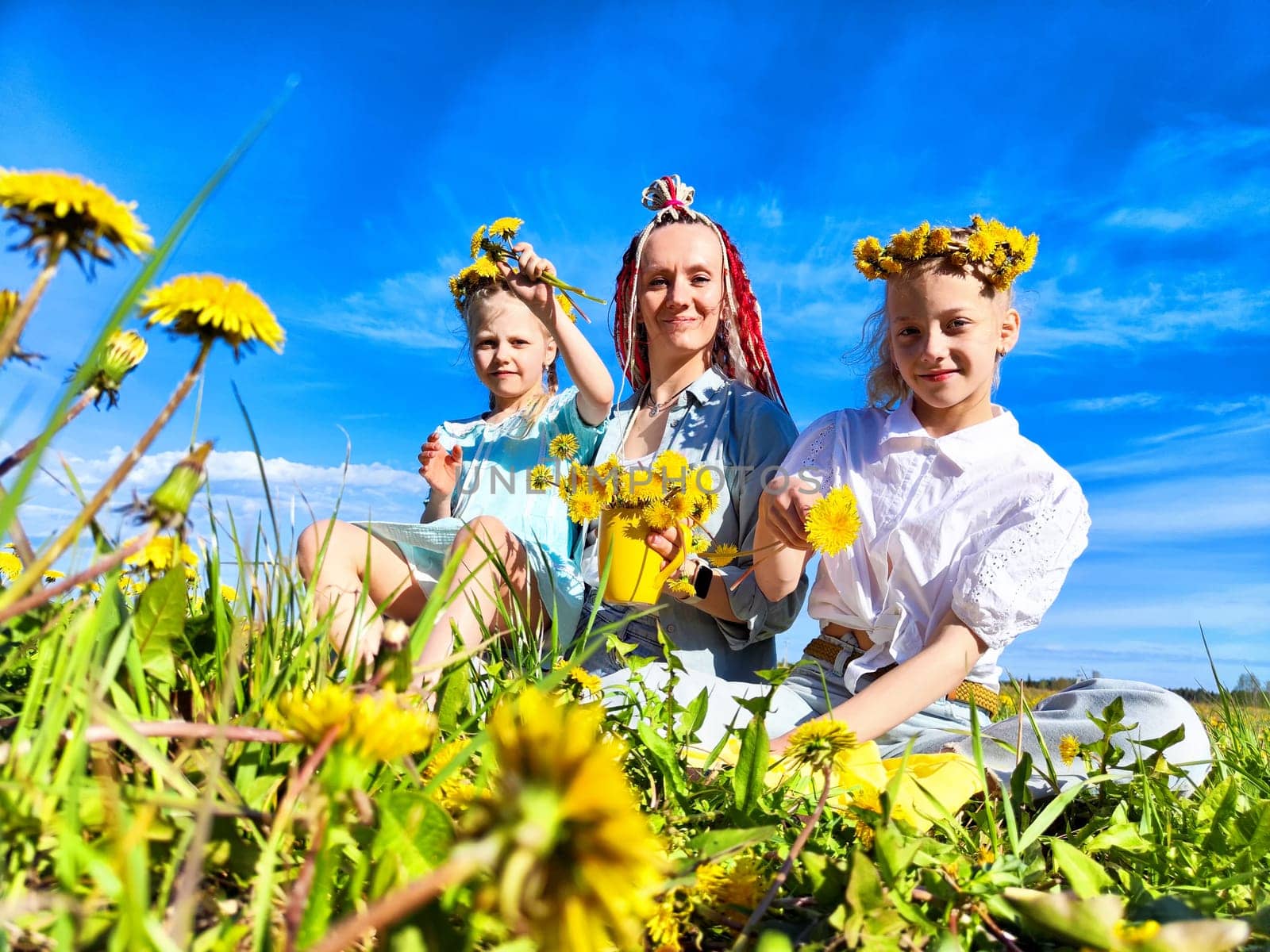 Three individuals enjoy a cheerful moment in a vibrant dandelion field, wearing flower crowns and celebrating nature on a sunny day.