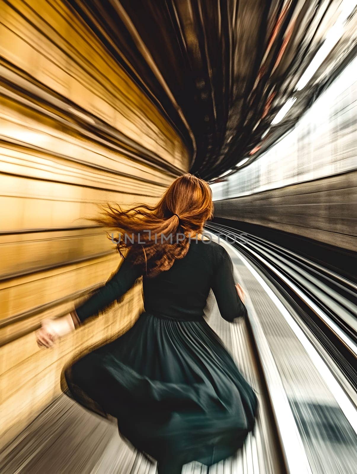 A dramatic shot of a woman with flowing red hair running through a tunnel. The motion blur and speed effect convey energy, movement, and a sense of urgency in a dynamic urban environment.