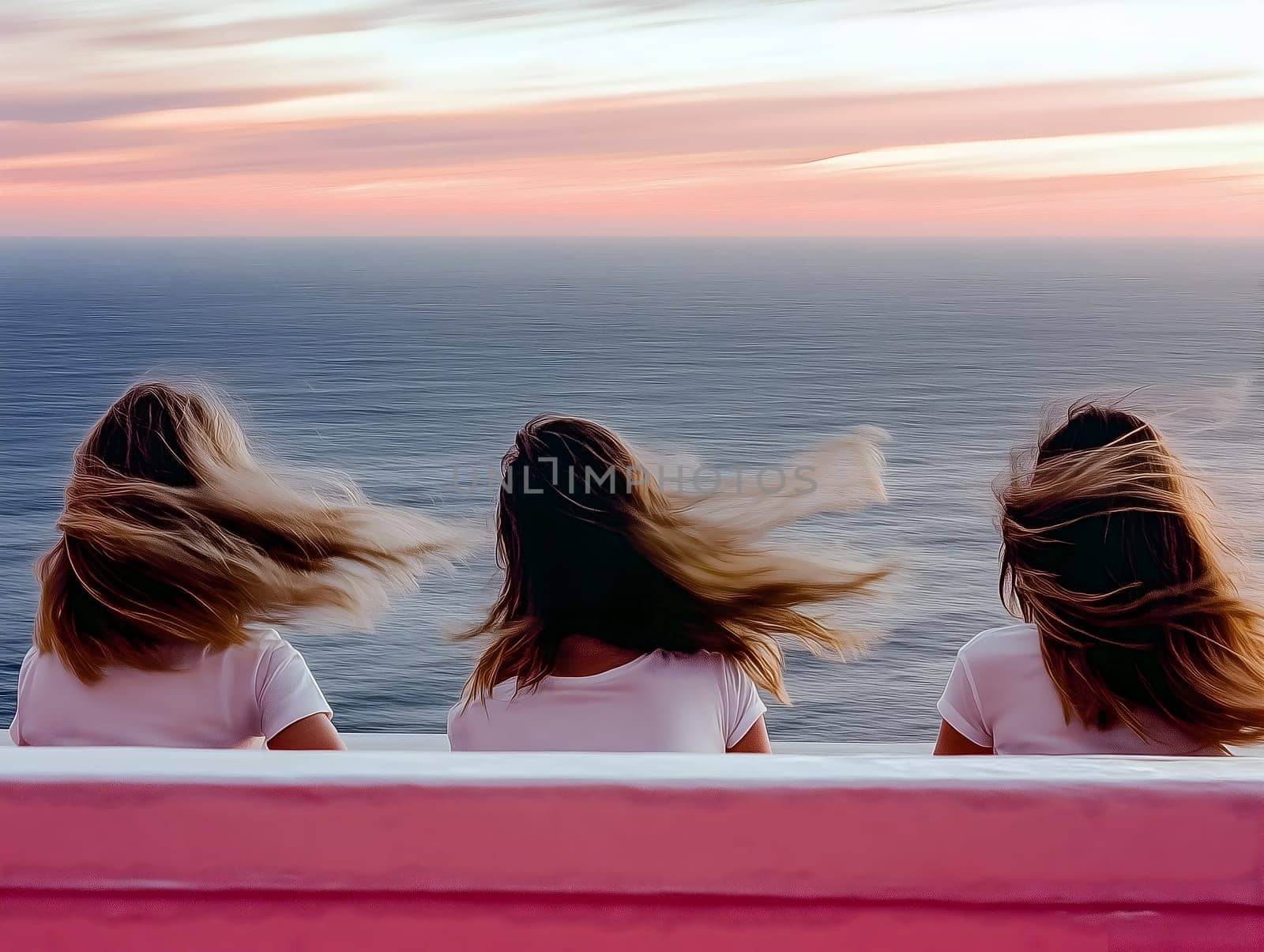 Three women with flowing hair sit together on a pink bench, facing the ocean at sunset. The calm sea and colorful sky create a serene and peaceful atmosphere, symbolizing friendship and relaxation.