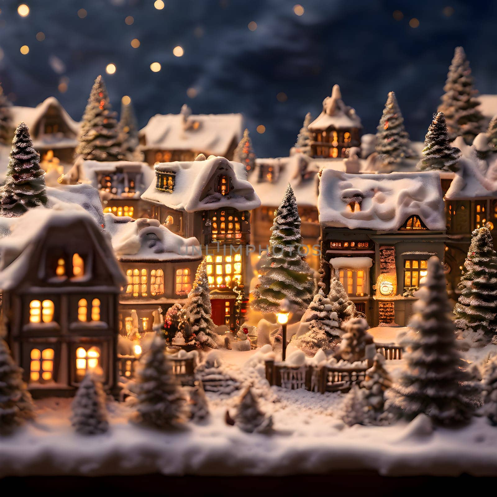A Cozy Glow: Miniature Christmas Village with Snowy Roofs and Golden Lights