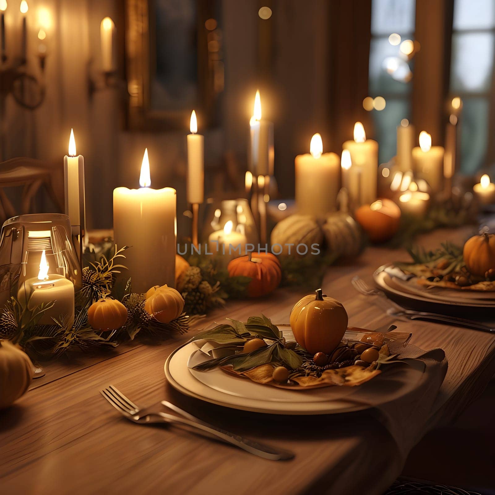 An elegantly lit New Year’s Eve dinner table adorned with candles, soft lighting, and festive decor, creating a warm, inviting atmosphere.