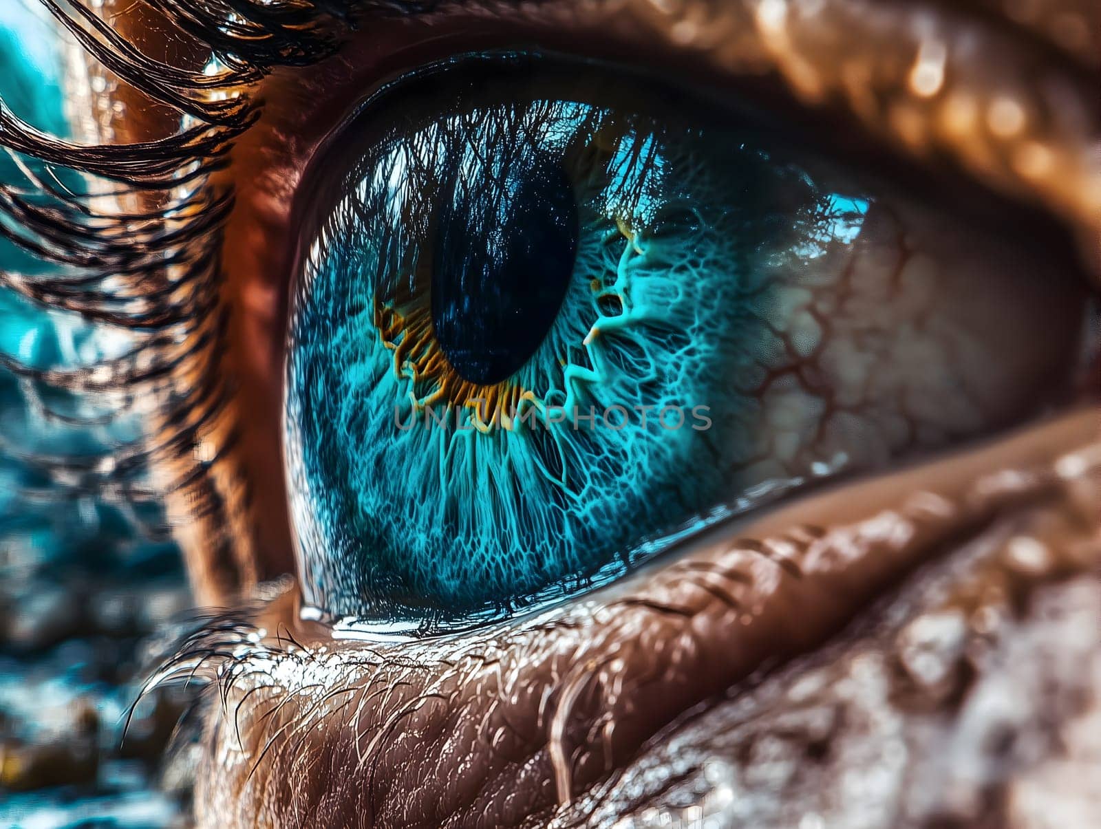 Macro shot of a human eye showcasing vivid blue iris details, reflections, and surrounding textured skin with sharp focus.