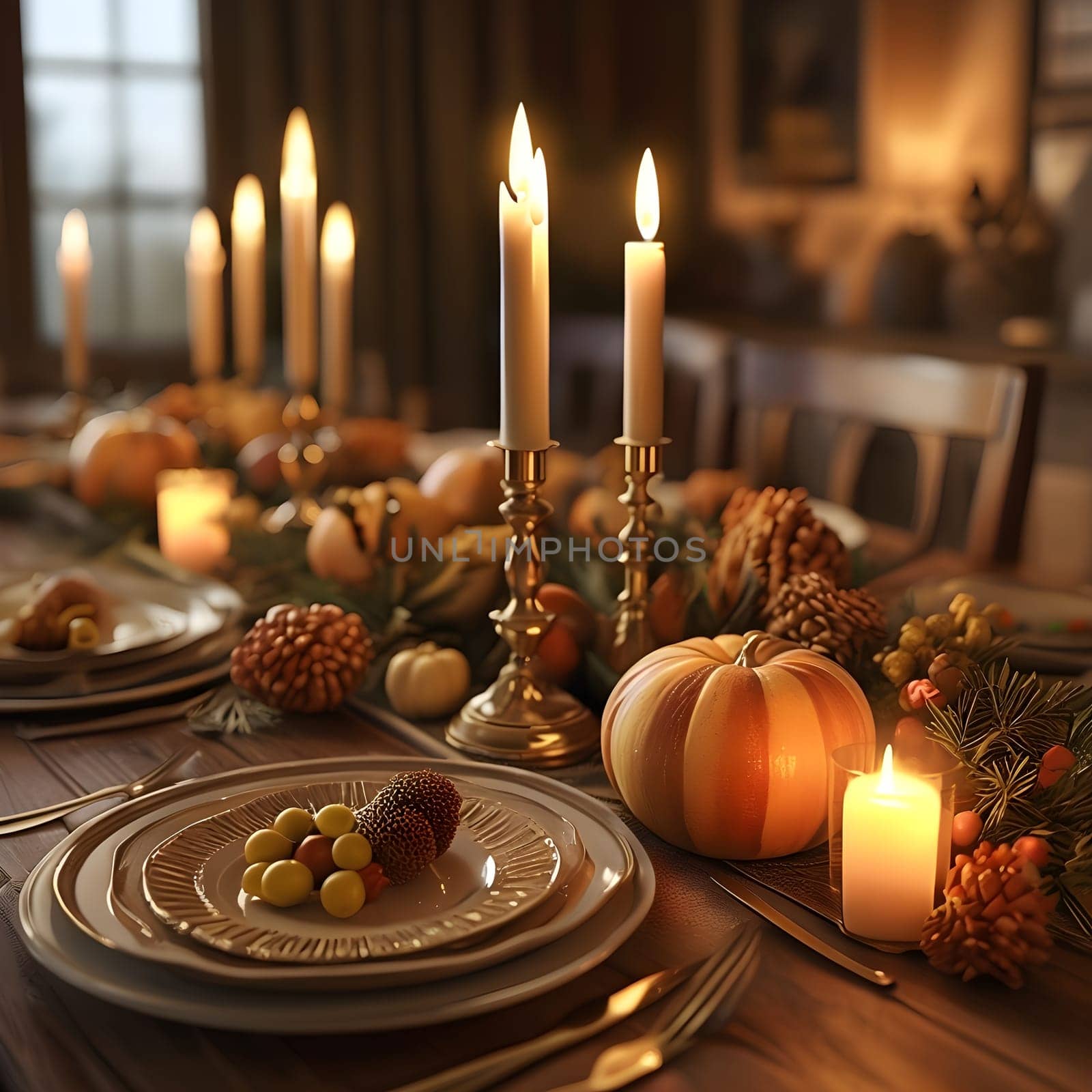 An elegantly lit New Year’s Eve dinner table adorned with candles, soft lighting, and festive decor, creating a warm, inviting atmosphere.