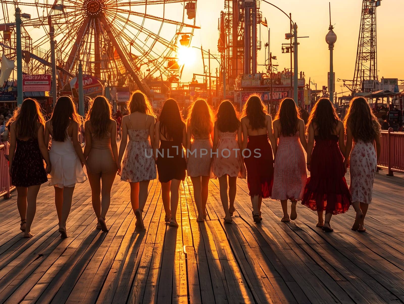 A group of young women walks together on a wooden boardwalk at sunset, casting long shadows. Behind them, an amusement park with a Ferris wheel and rides creates a vibrant, nostalgic scene.