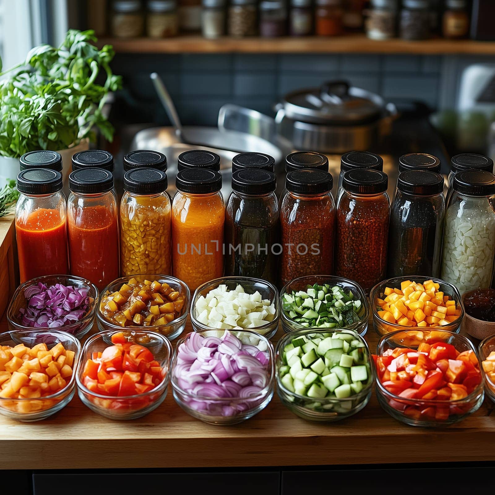 Neatly organized jars of artisanal sauces and diced Italian vegetables on a wooden kitchen counter for meal preparation. Concept of Italian kitchen prep.