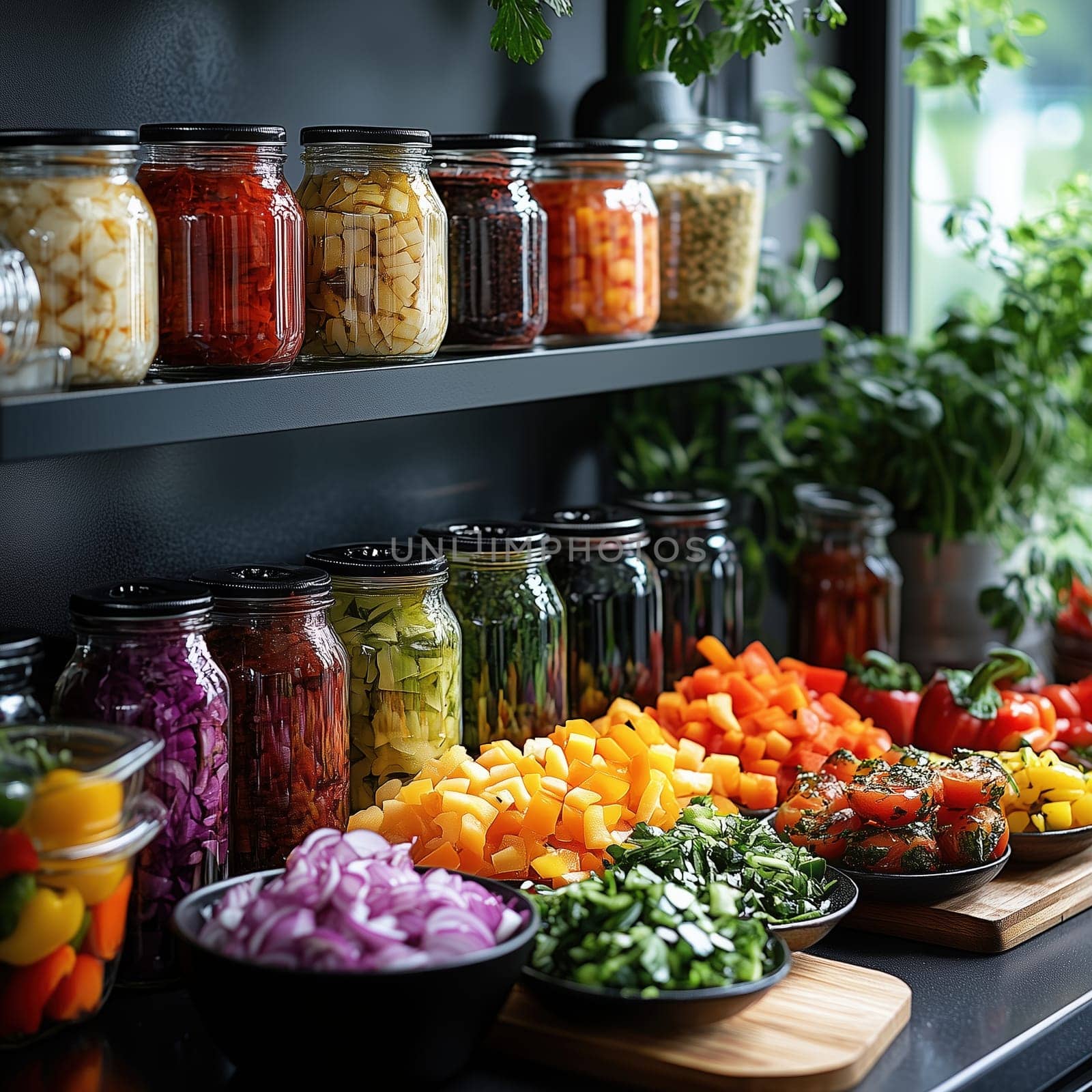 Neatly organized jars of artisanal sauces and diced Italian vegetables on a wooden kitchen counter for meal preparation. Concept of Italian kitchen prep.