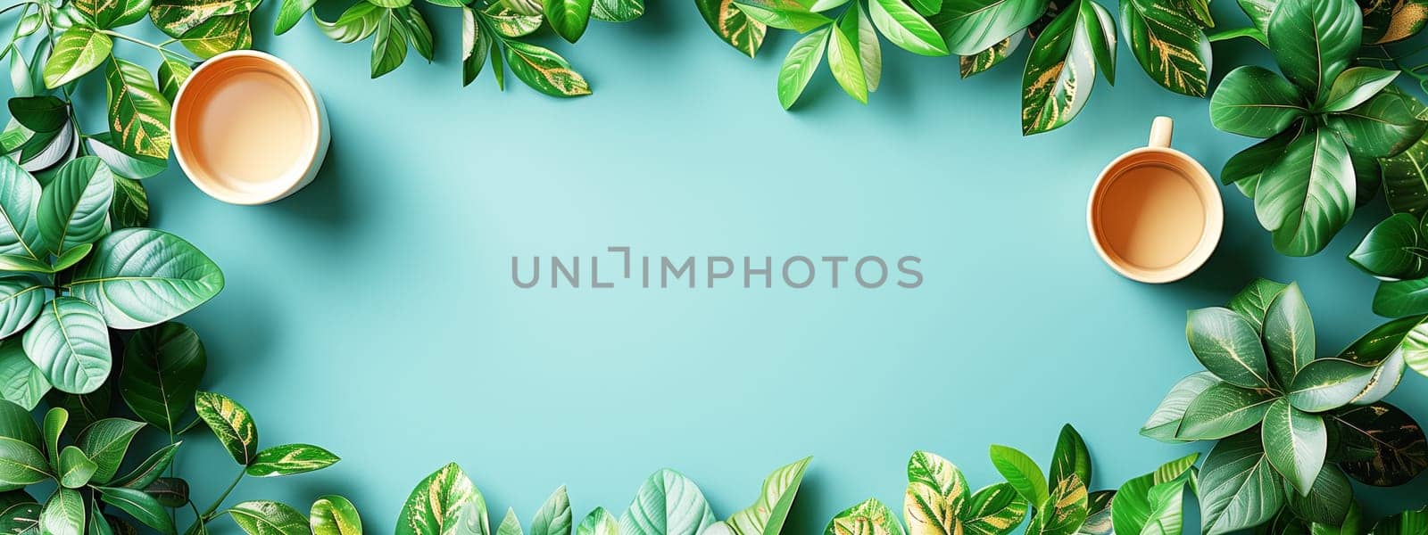 A creative arrangement of green leaves framing two cups on a blue pastel background, ideal for backgrounds or banners.