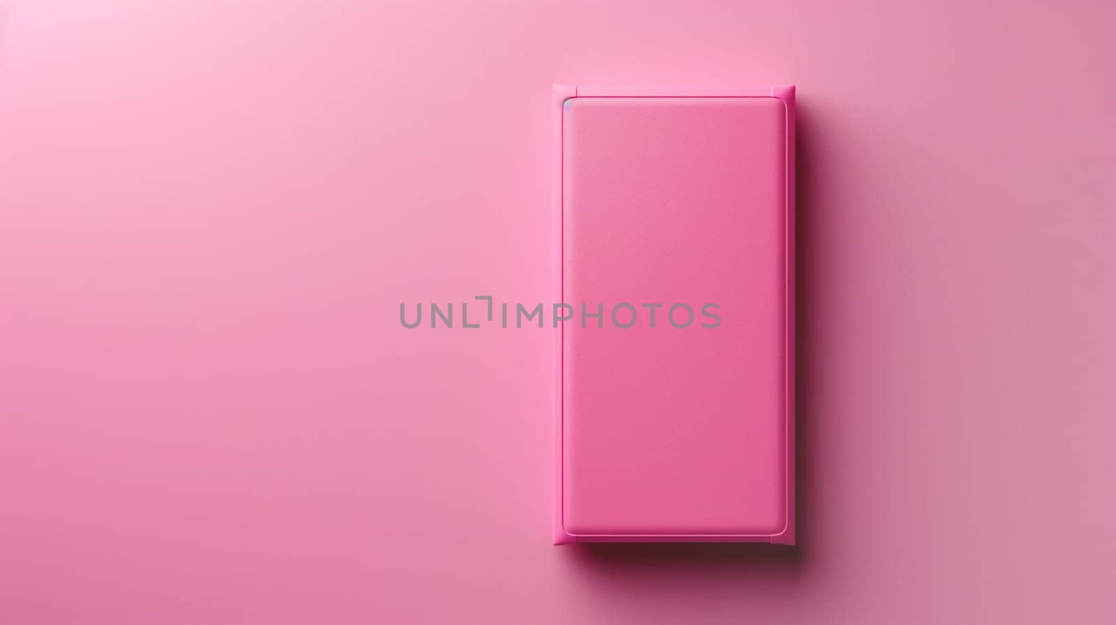 A minimalist design featuring a pink rectangular object set against a smooth pink gradient background, emphasizing simplicity and aesthetics.
