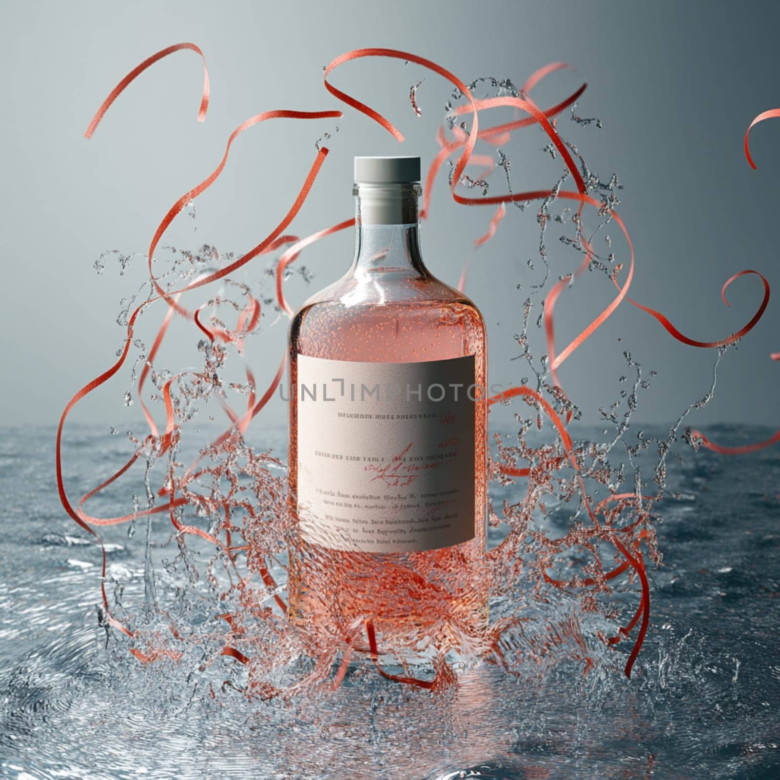 Pink gin bottle is standing in water with red ribbons flying around it and water splashing. The background is light grey