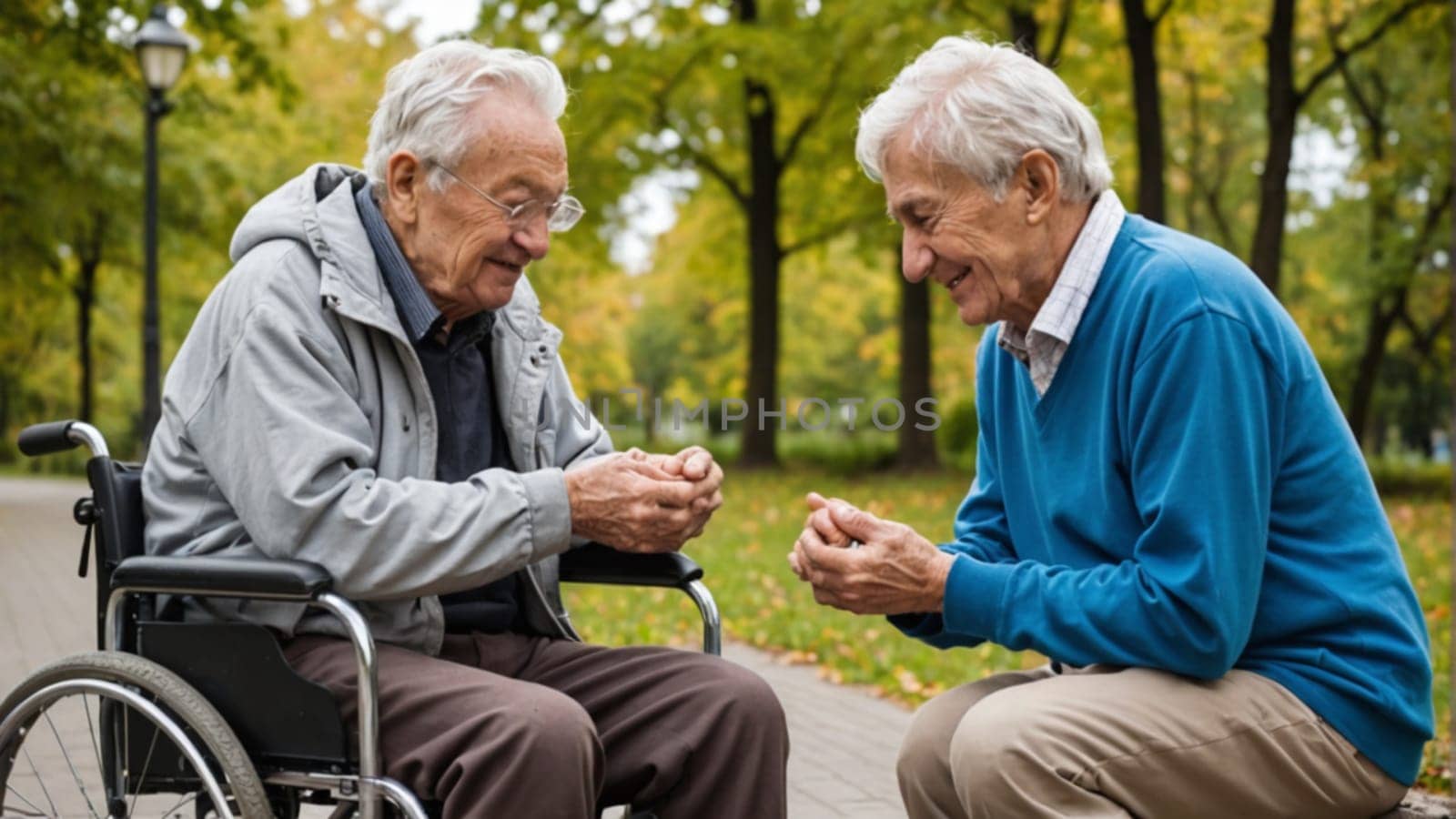 Caregiver and old man in a wheelchair. One old friend visits his old friend as rehabilitation patient and walking outdoor in the park at sunset. Assistance, rehabilitation and health care. High quality