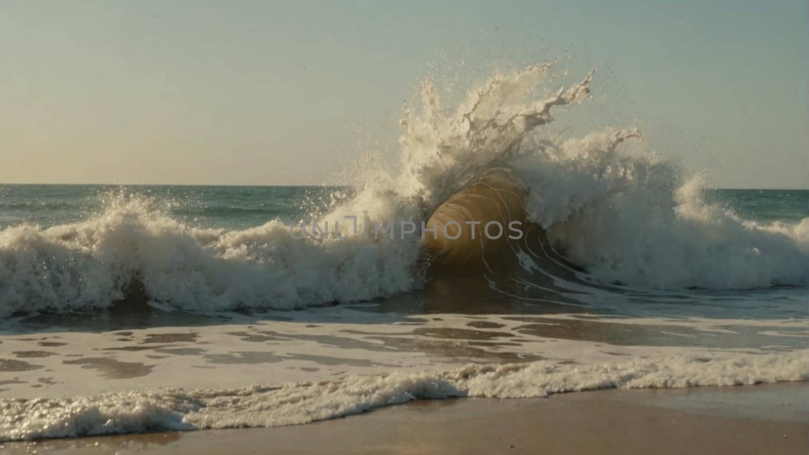 waves crashing on the beach, close-up. Close up view of colored sea waves with splashes and white breakers. Big strong wave splash and spray closeup. High quality photo