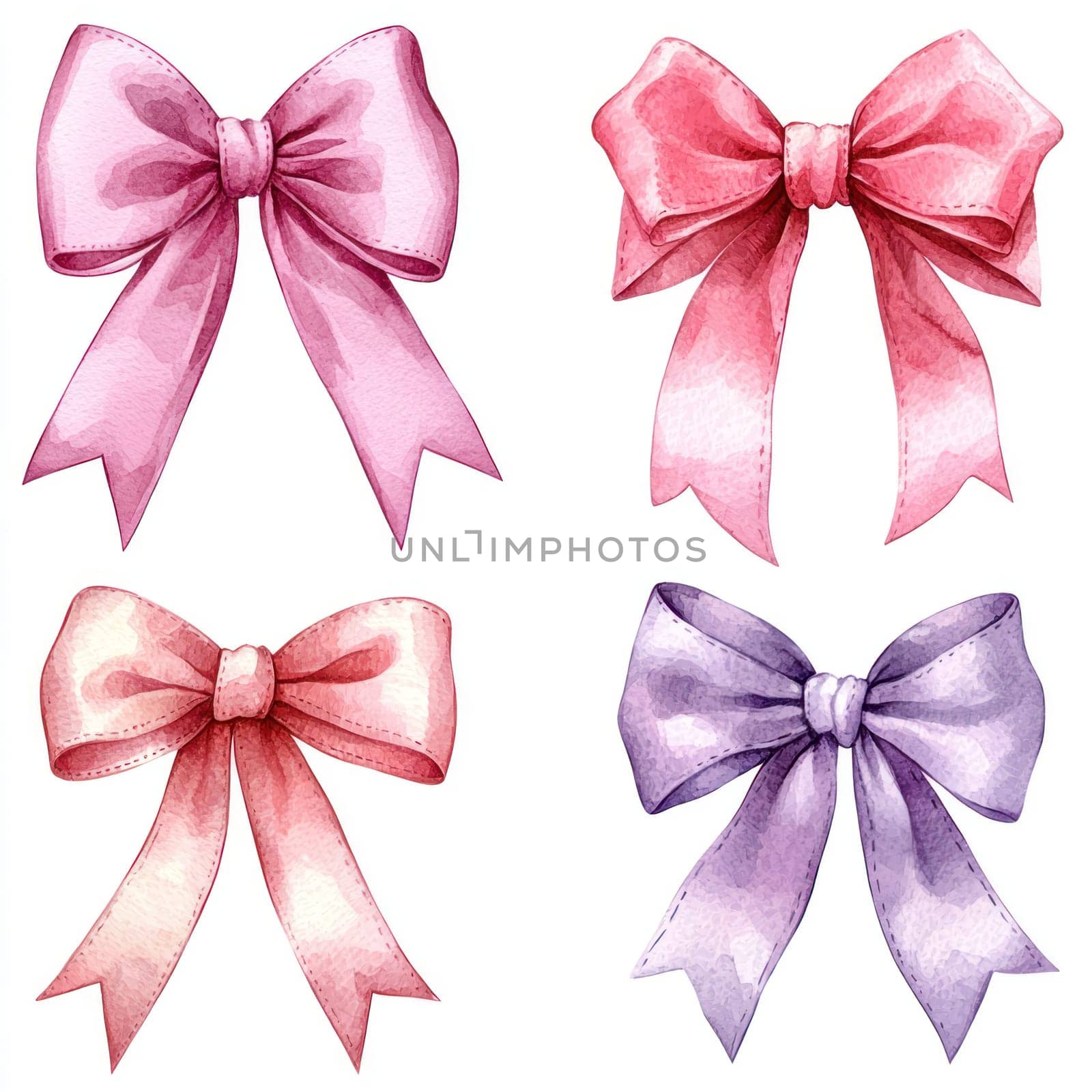 An Elegant watercolor bows in pink and purple shades, perfect for decorations