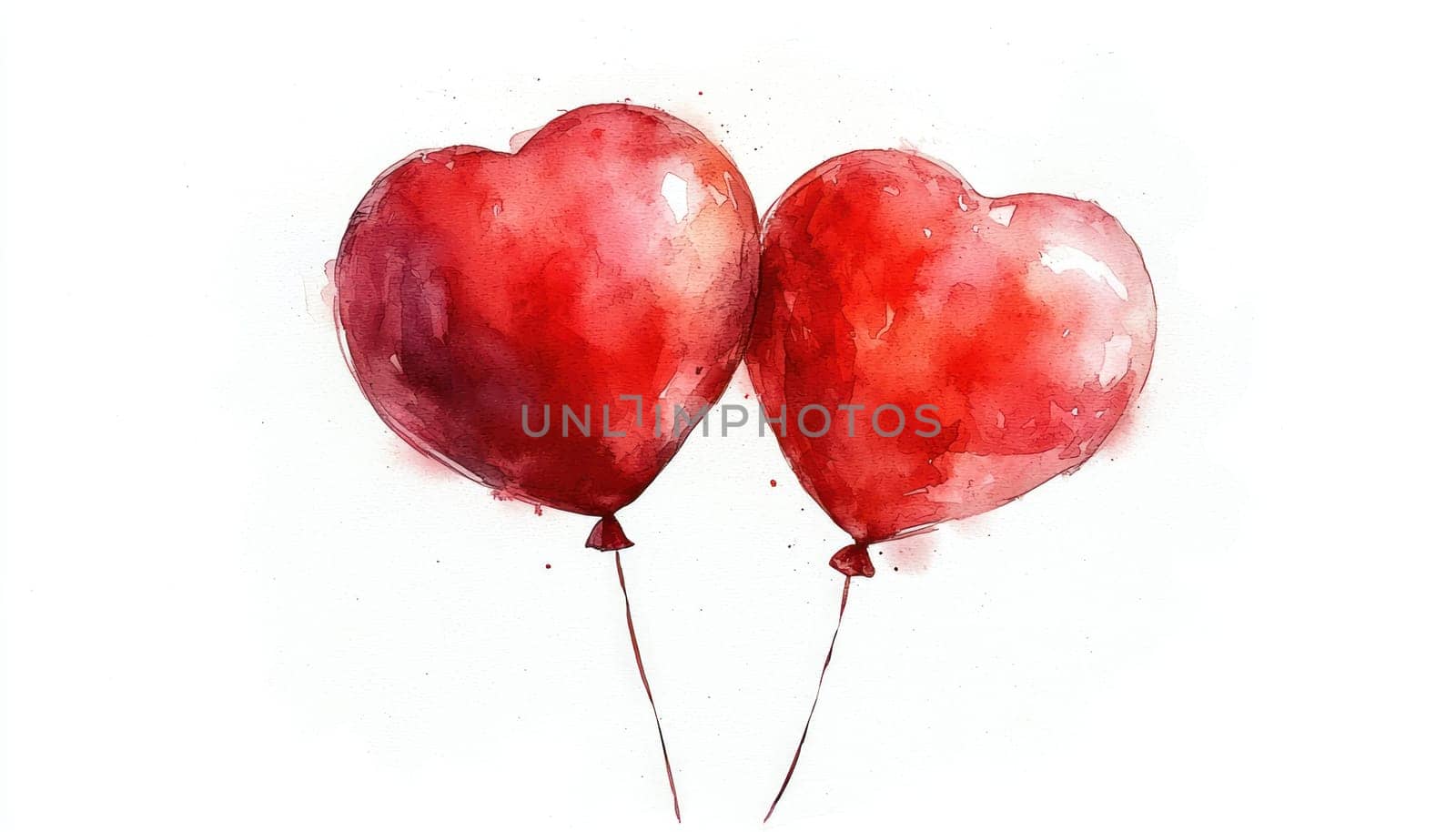 A Two red heart shaped balloons float together, symbolizing love and joy. Their vibrant colors and soft watercolor style create warm, romantic
