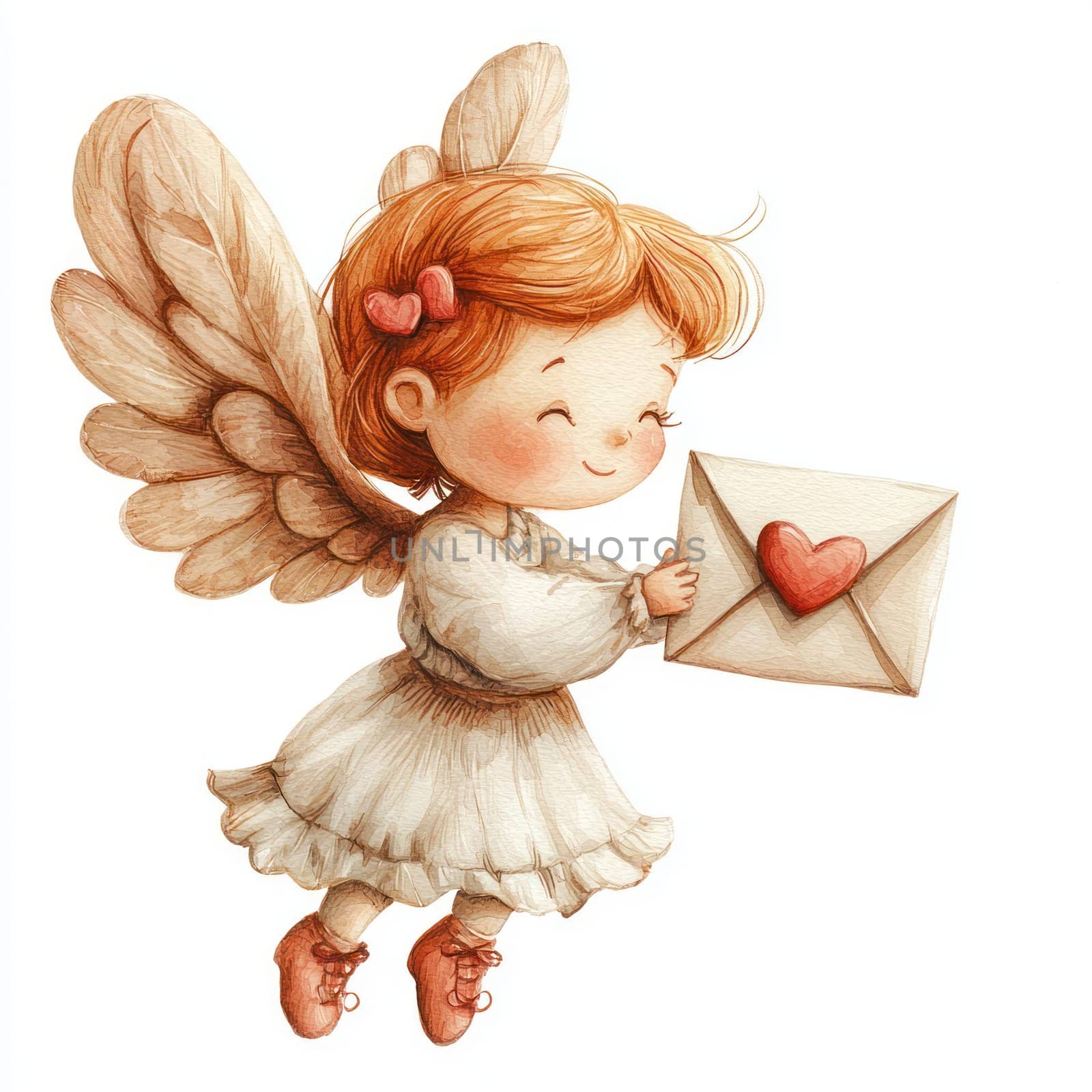 A cute angel with wings joyfully holds love letter, spreading happiness