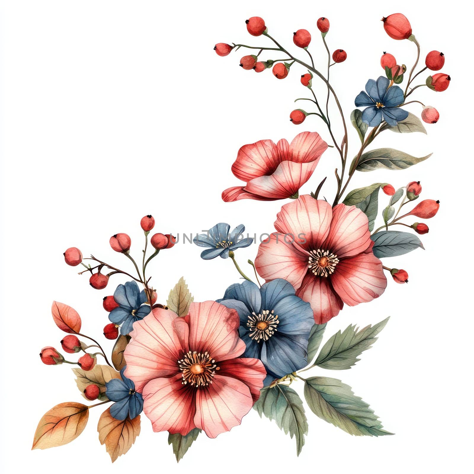 A Beautiful arrangement of watercolor flowers featuring pink and blue blooms, complemented by green leaves and berries, perfect for decoration