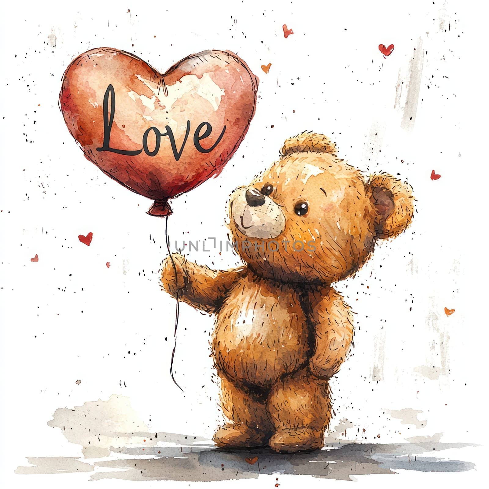 A cute teddy bear holding heart shaped balloon with word Love written on it, surrounded by small hearts