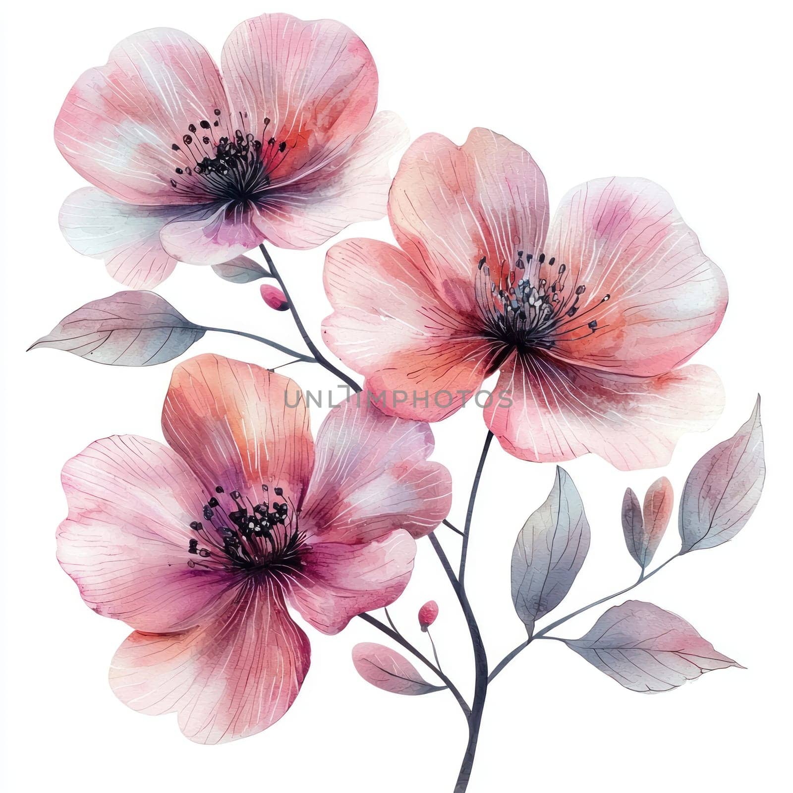 A Delicate pink flowers with soft petals and gentle leaves create serene atmosphere. Perfect for adding touch of elegance to any design