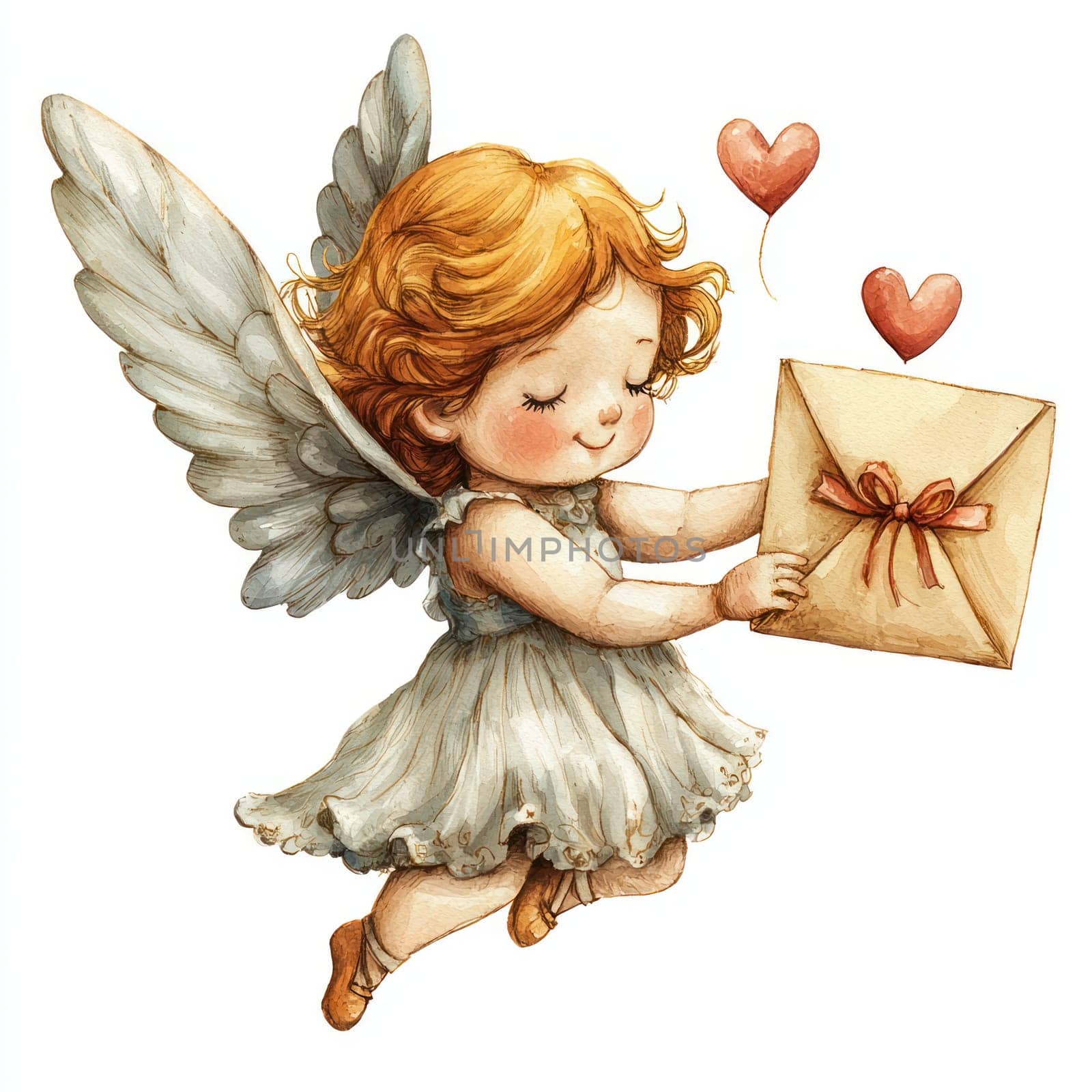 A Cute angel delivering love letter with hearts floating around
