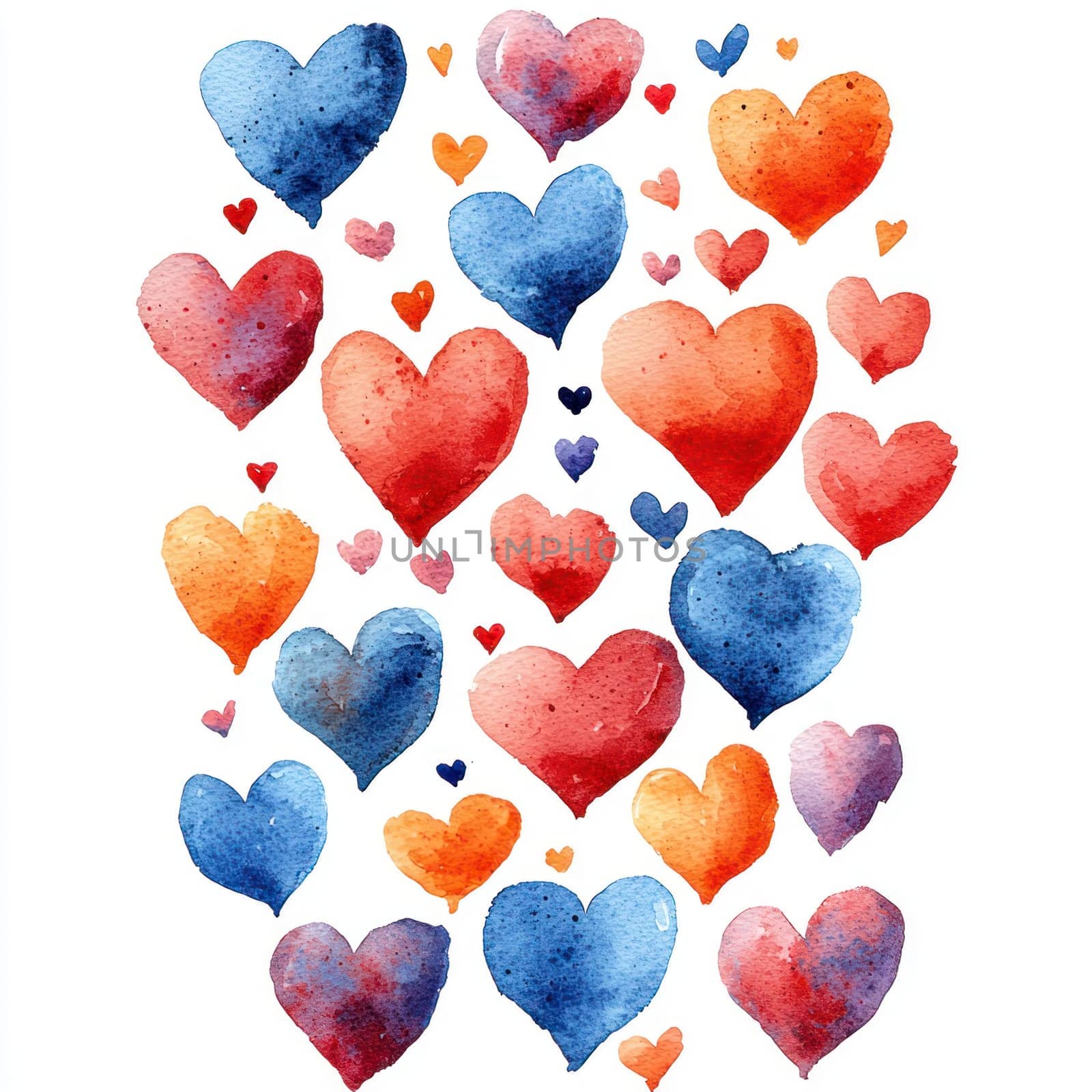 A Colorful watercolor hearts in various sizes and shades create joyful and romantic atmosphere, perfect for celebrations