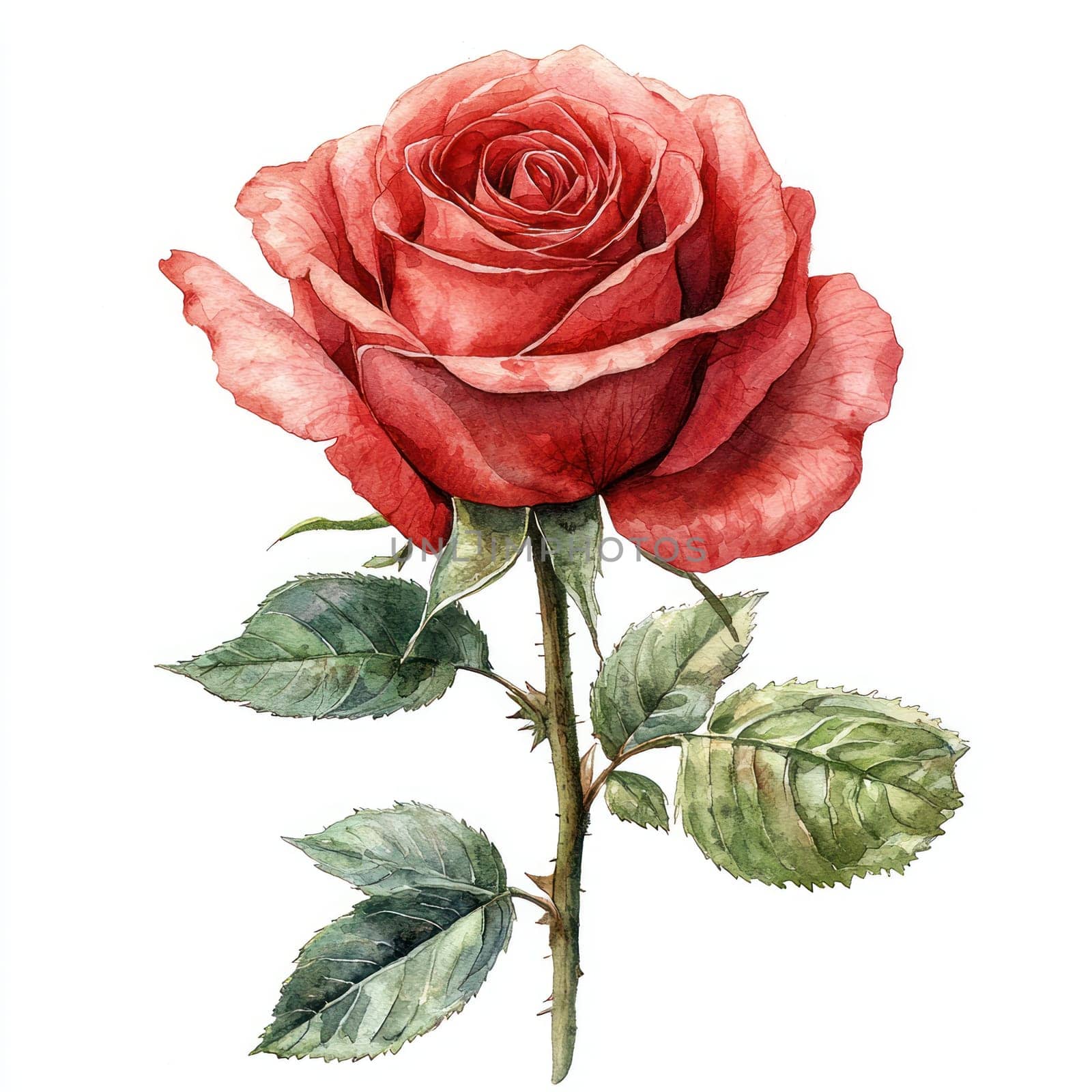 A beautiful single red rose with green leaves, symbolizing love and passion. This watercolor artwork captures delicate details and vibrant colors