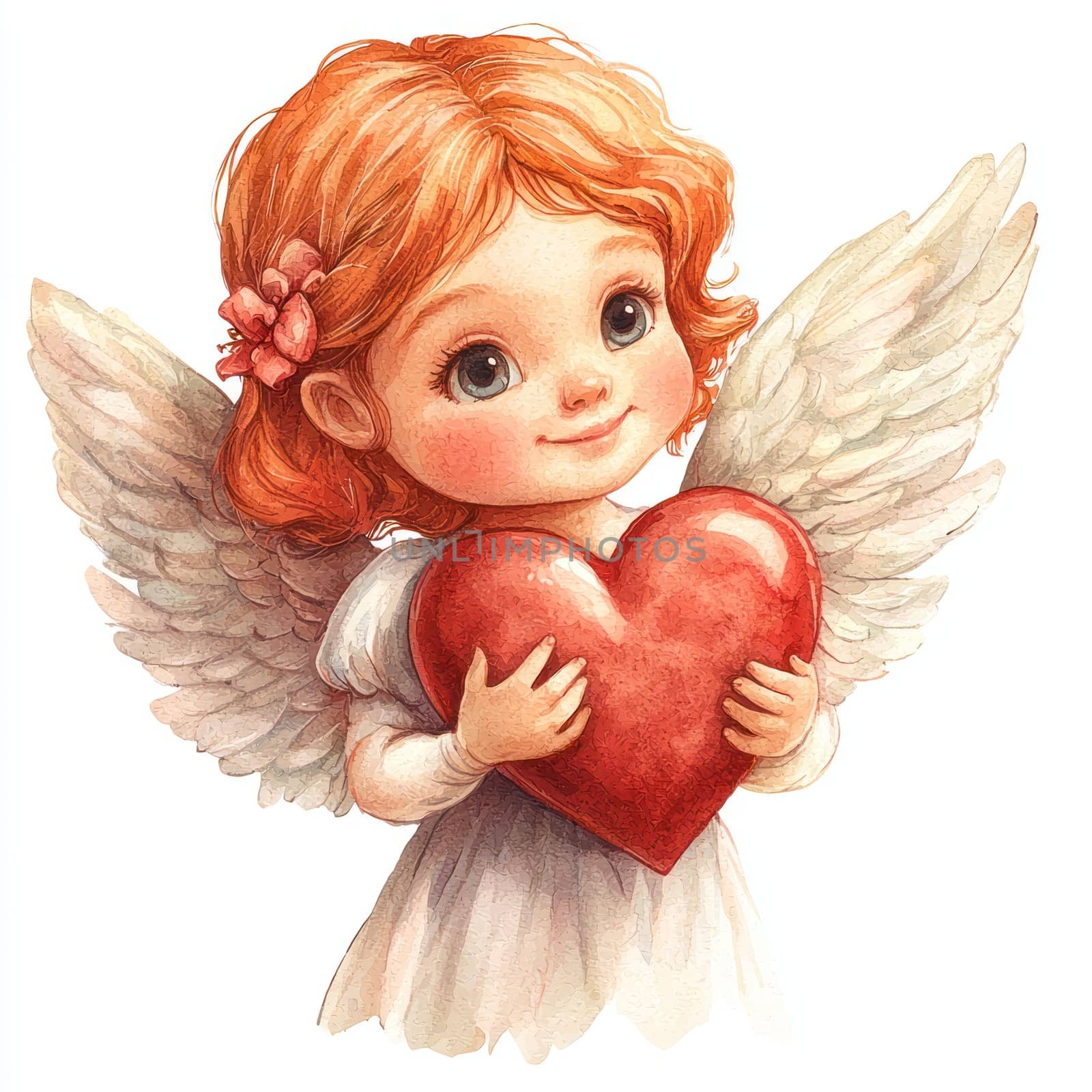 An Angel with red heart, cute child, wings, joyful expression, love symbol, Valentine Day theme, soft colors, gentle