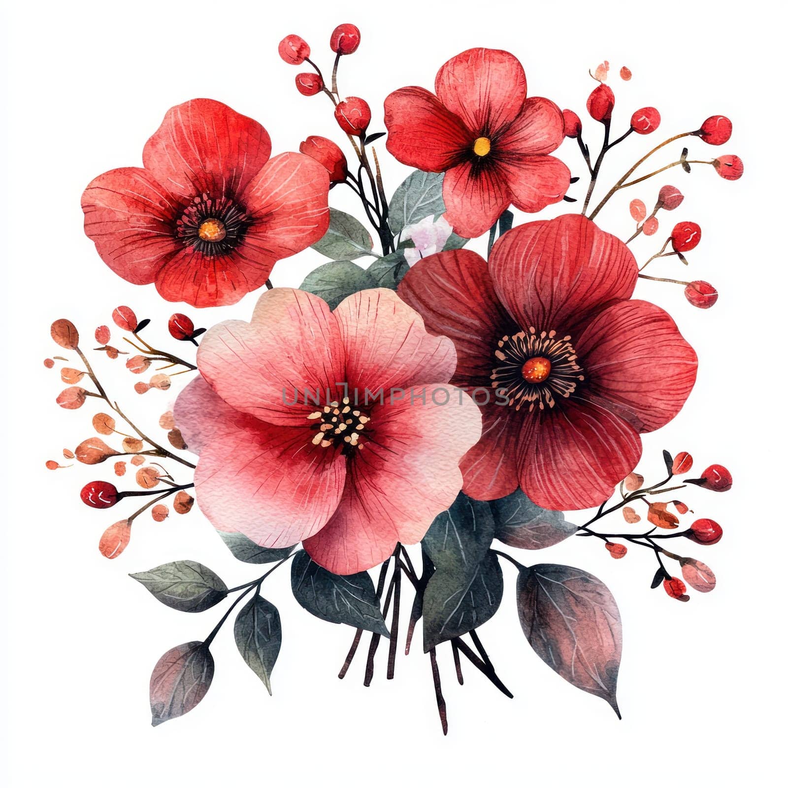 A Beautiful floral bouquet featuring red and pink flowers with green leaves, perfect for expressing love and affection