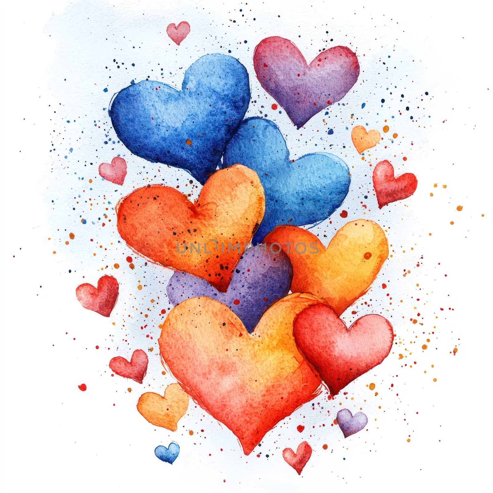 A Colorful watercolor hearts in various sizes and shades create joyful and romantic atmosphere, perfect for celebrations