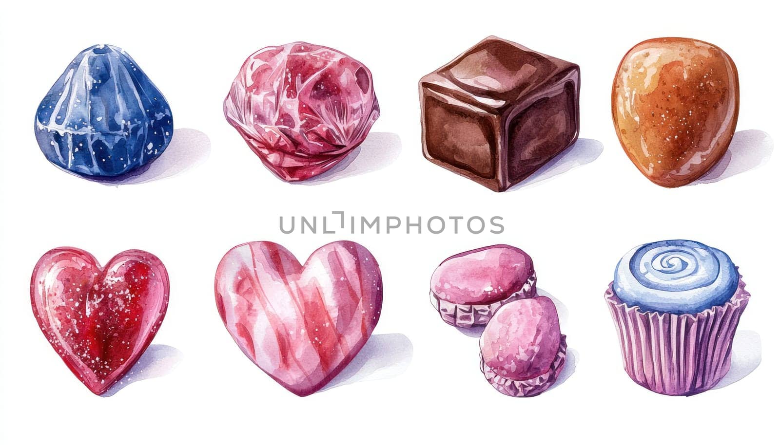 A Delightful watercolor candy assortment featuring colorful sweets, perfect for Valentine Day celebrations