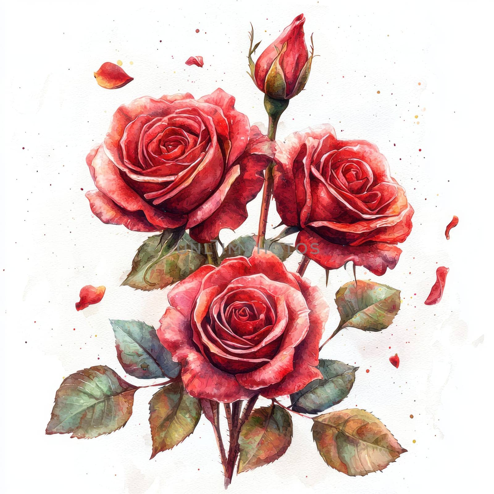A Beautiful watercolor roses in romantic arrangement, perfect for Valentine Day. soft petals and vibrant colors evoke love and tenderness
