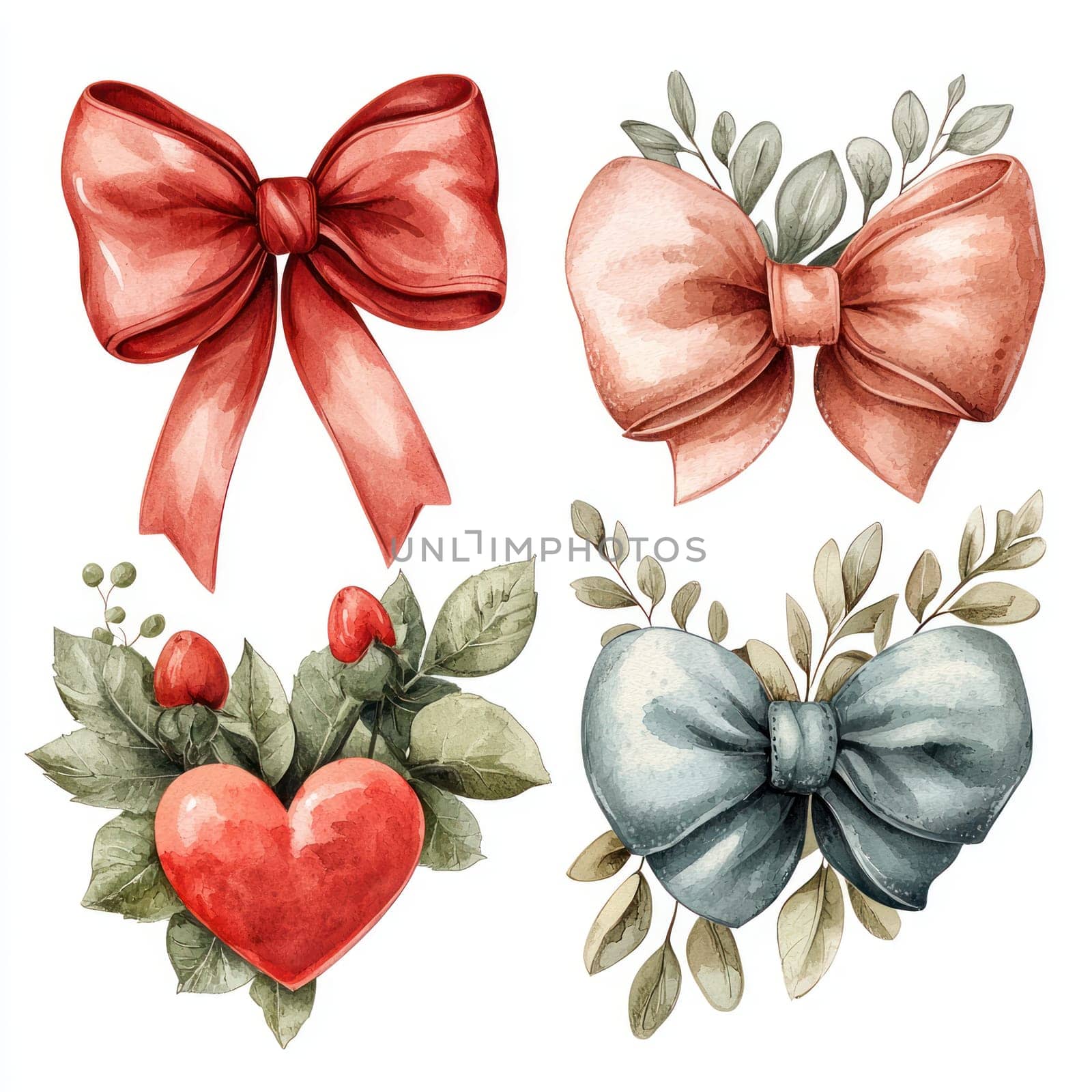 An Elegant watercolor ribbons and bows with floral accents, perfect for Valentine Day decor