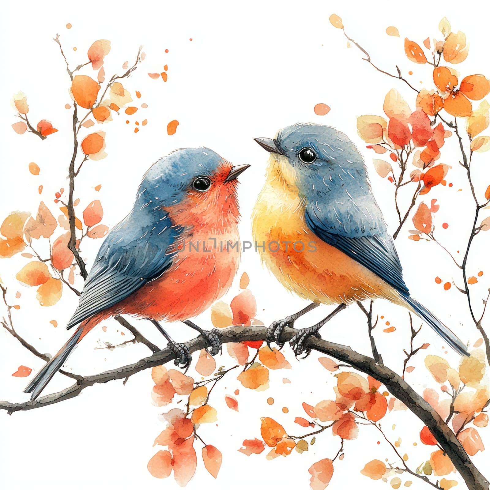 A Watercolor birds couple perched on branch with leaves, expressing love and harmony in nature
