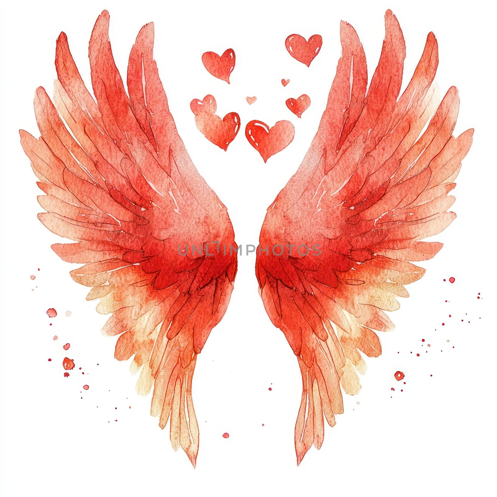 A Watercolor texture of red cupid wings with hearts, perfect for romantic themes