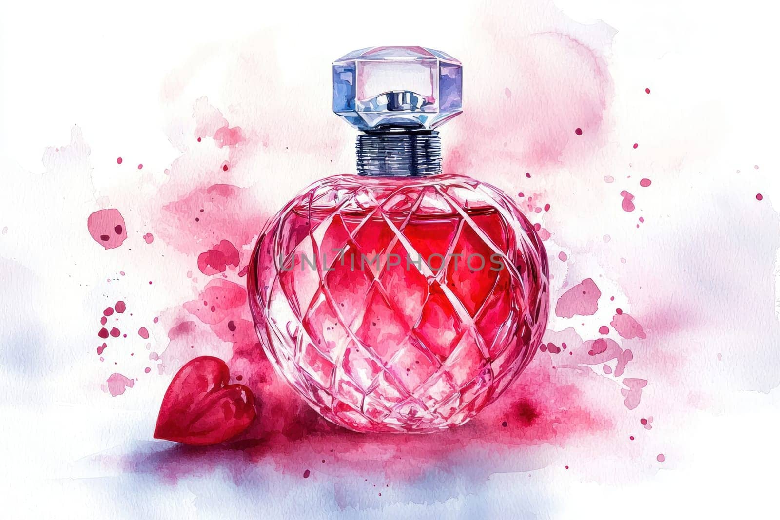 A beautiful perfume bottle with heart shaped accent, surrounded by watercolor splash of pink hues, evokes feelings of love and elegance