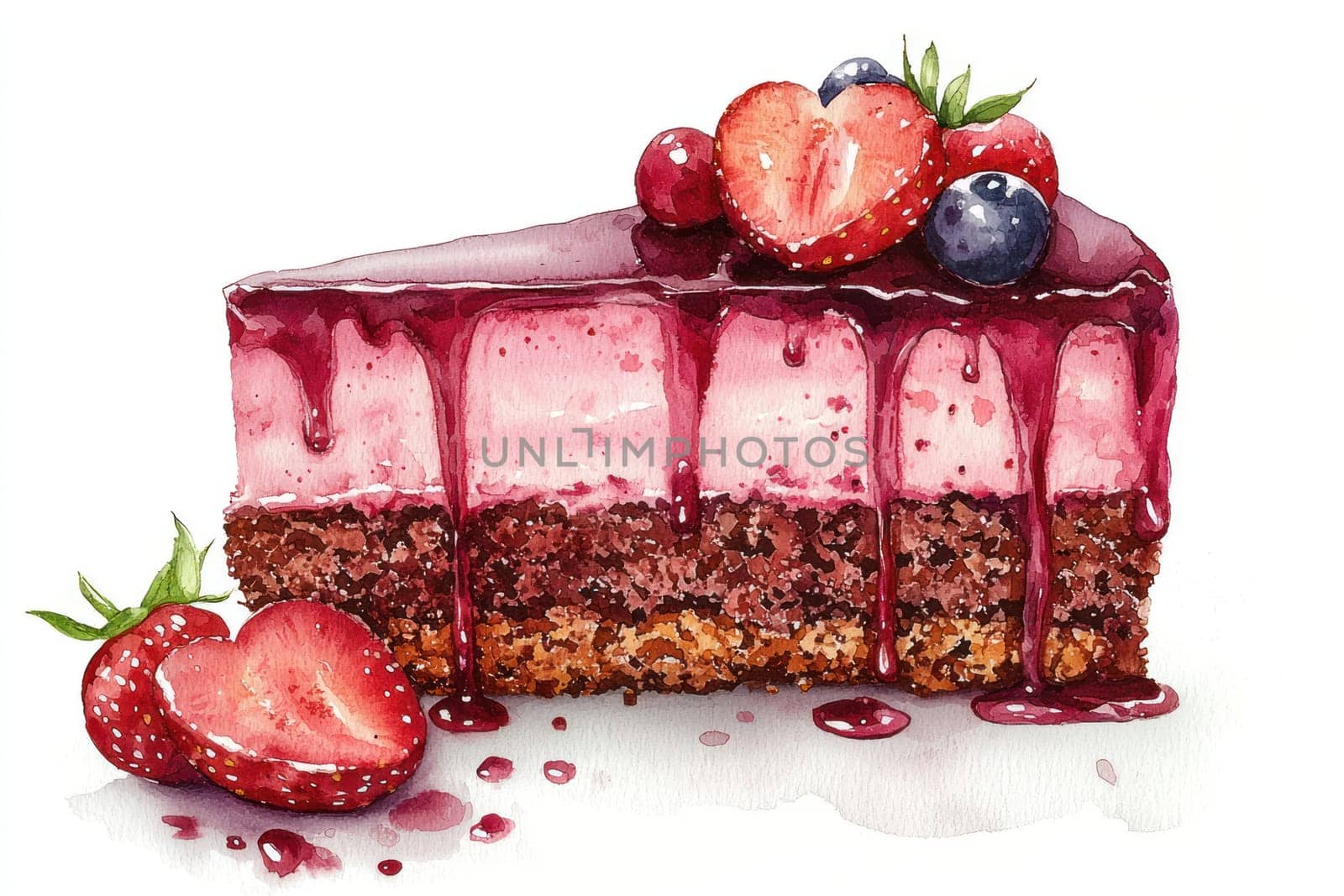 A Delicious slice of cake topped with fresh berries and berry sauce, perfect for dessert lovers