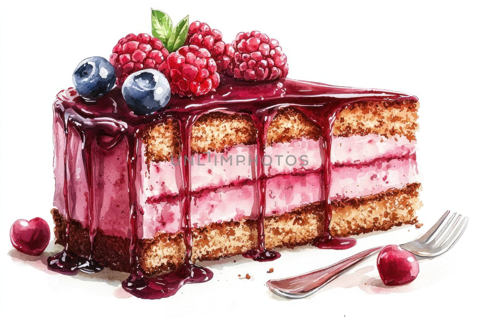 A Delicious slice of cake topped with raspberries and blueberries, drizzled with berry sauce, perfect for sweet moments